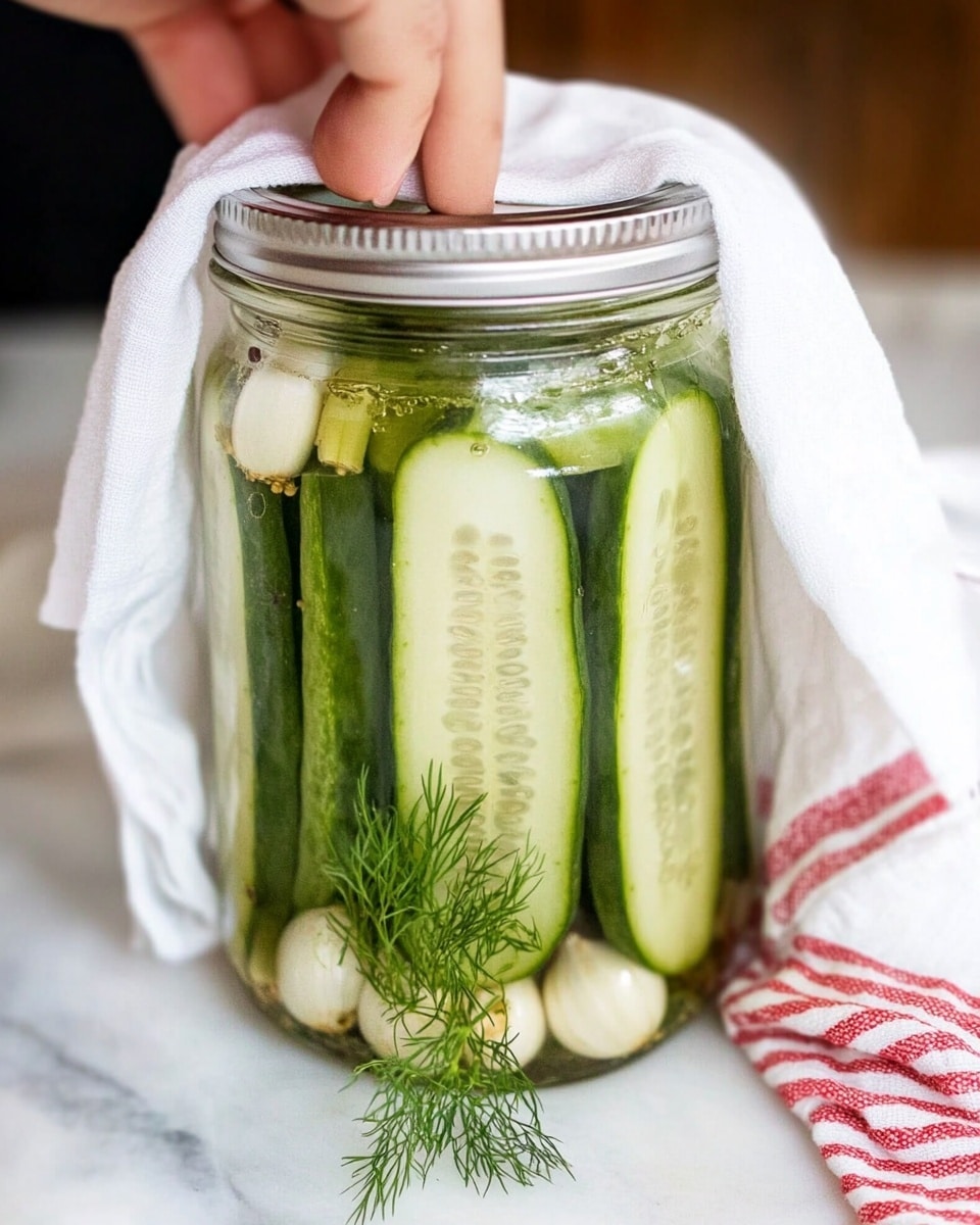 A clear glass jar with a shiny silver metal lid is packed tightly with several whole bright green cucumbers standing vertically inside. Inside the jar, there are also small sprigs of fresh dill with fine green leaves and yellow flowers layered near the bottom, submerged in clear pickling liquid. The cucumbers have a slightly bumpy texture and vary in shades of green from light to medium. The jar is set on a white marbled surface with other similar jars blurred in the background. photo taken with an iphone --ar 4:5 --v 6.1