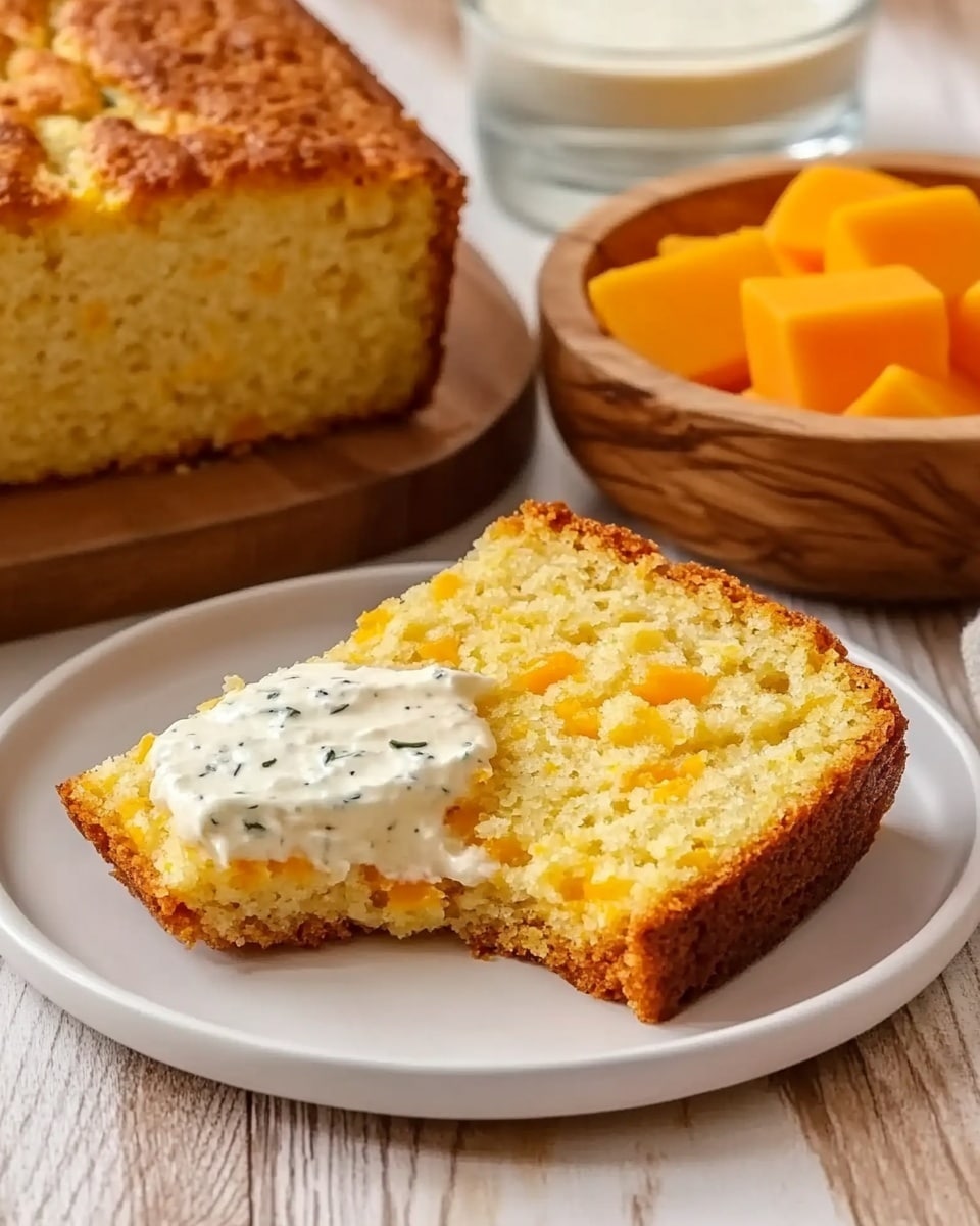 A slice of golden-yellow cornbread with small orange cheese pieces visible inside sits in the center of a white plate on a wooden surface. The cornbread slice has a rough texture and a bite taken out of its lower left side. On top of the slice is a thick, creamy white spread with specks of herbs. Behind the plate, there is a loaf of cornbread with multiple slices, showing the same texture and cheese pieces inside. To the right of the plate, a clear glass of water is visible. In the foreground, there is a small white bowl of creamy spread and a wooden bowl filled with bright orange cheese cubes. The background is a white marbled texture. Photo taken with an iphone --ar 4:5 --v 6.1