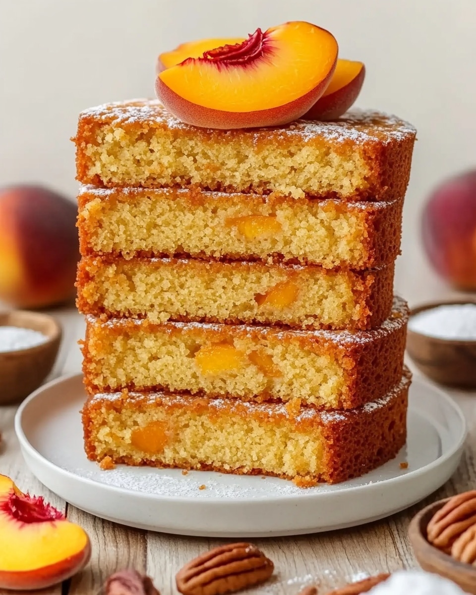 The image shows a stack of four thick slices of golden brown cake with visible small chunks of peach inside each layer. The cake has a slightly crumbly texture with a moist look. On top of the top layer, there are three peach slices arranged upright, showing their bright orange color with reddish edges. The cake sits on a white plate, with a few peach slices scattered around it on a wooden surface. In the background, there are small bowls filled with pecans, sugar, and more peach slices, all placed on a white marbled texture. Photo taken with an iphone --ar 4:5 --v 6.1