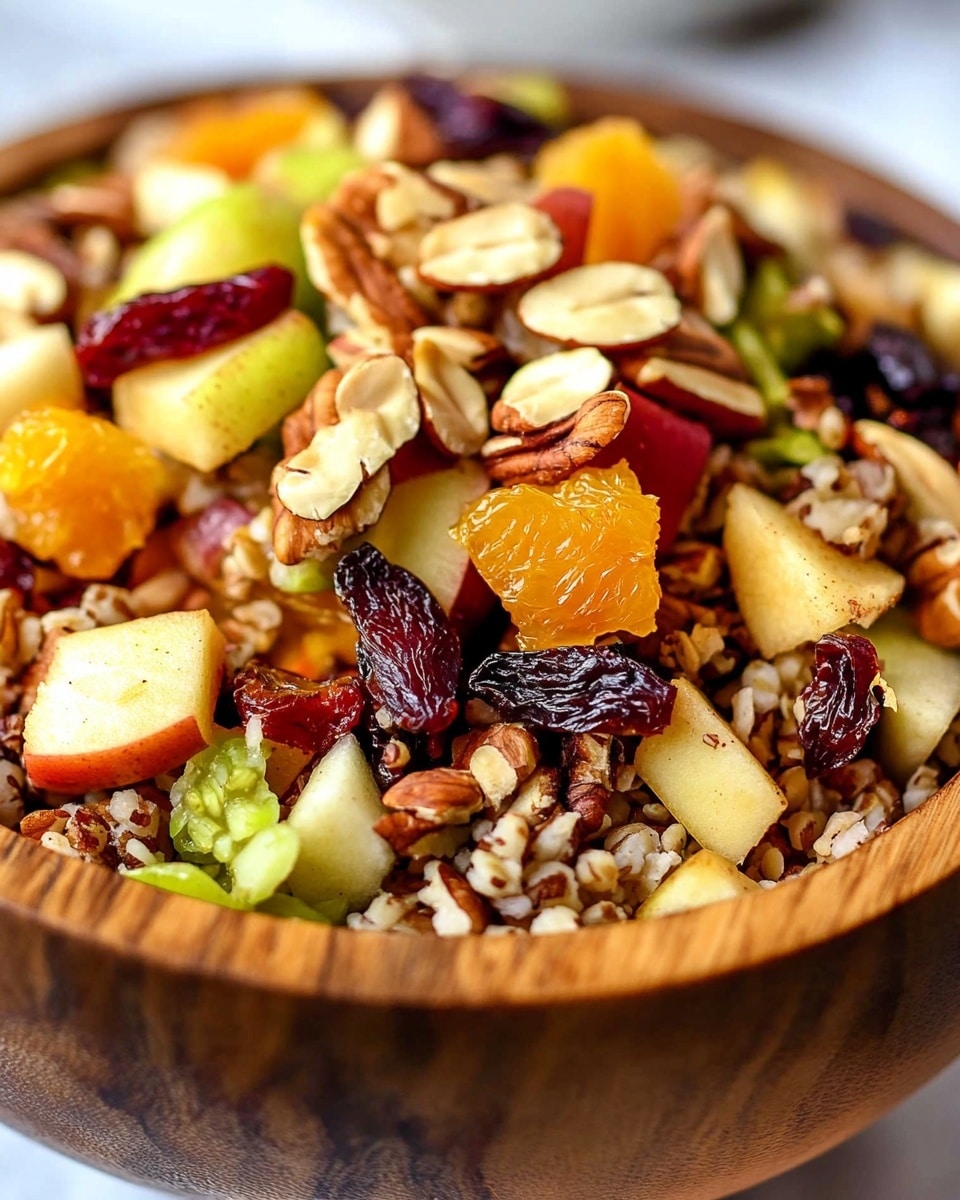 The image shows a close-up of a wooden bowl filled with a colorful mix of food layered together. The base layer contains small grains, mostly brown and white, mixed with scattered deep red dried fruits. On top, there are chunks of orange pieces with a slightly charred texture, diced apple pieces with red and green skin, and light green sliced vegetable pieces. Thin slices of pale nuts are sprinkled generously over the mixture. All the ingredients layer loosely and look fresh and mixed with a slight shine. The background is a white marbled texture, and part of a white bowl can be seen blurred in the back. photo taken with an iphone --ar 4:5 --v 6.1
