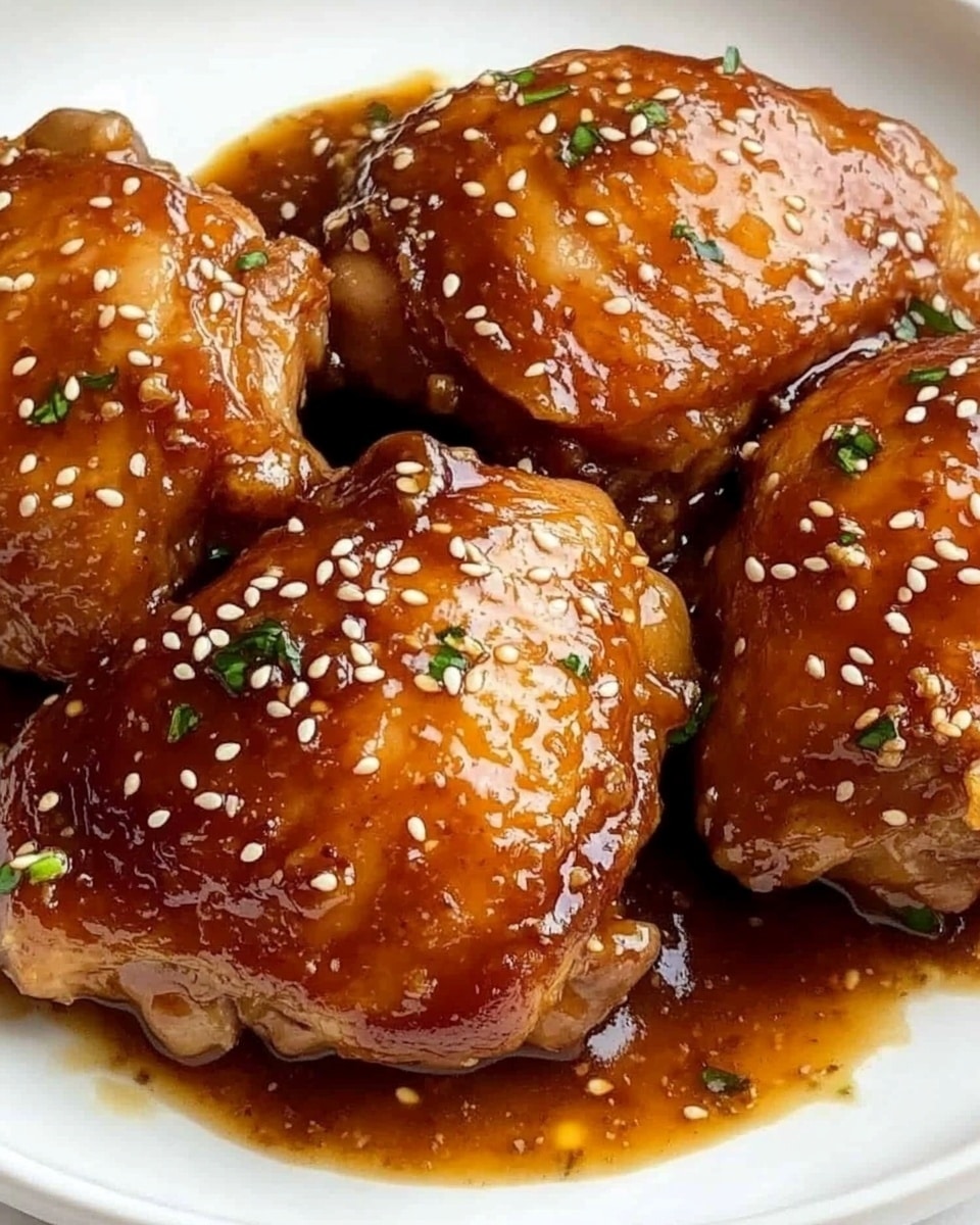 A white plate holds four pieces of cooked chicken thighs covered in a shiny, thick brown sauce. The sauce looks sticky and glossy, with small sesame seeds sprinkled on top along with tiny bits of green herbs. The chicken skin is golden brown and crispy, with the sauce pooling slightly around the pieces. The background has a white marbled texture. photo taken with an iphone --ar 4:5 --v 6.1
