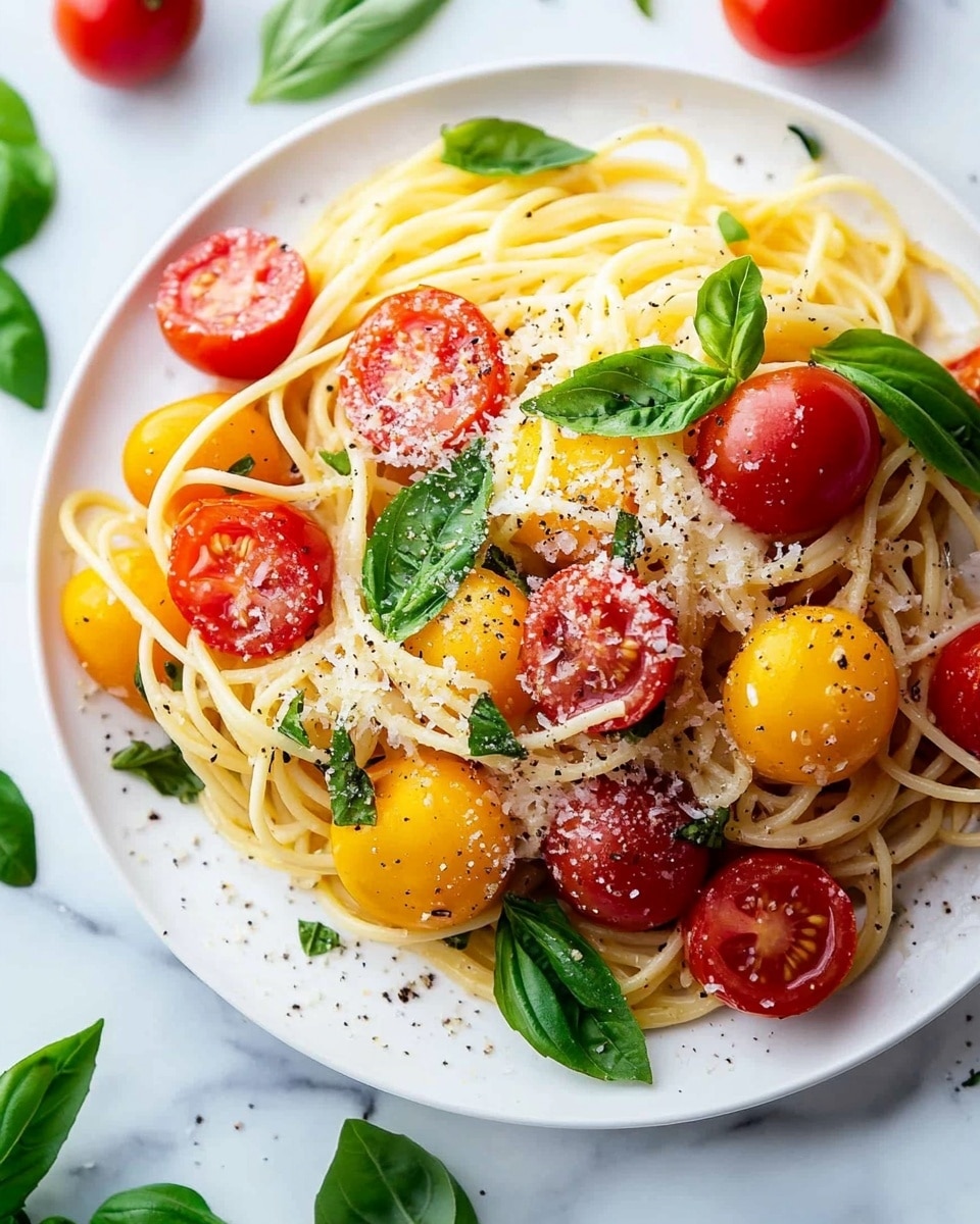 A white plate holds a serving of spaghetti mixed with red and yellow cherry tomatoes, some halved and others whole, scattered evenly across and around the pasta. Fresh green basil leaves are placed on top and around the spaghetti, adding bright green contrast. Small white pieces of cheese are sprinkled throughout, giving a light texture. The spaghetti strands are slightly shiny, showing they are cooked but not dry. The plate is set on a white marbled surface, making the colors of the food stand out clearly. photo taken with an iphone --ar 4:5 --v 6.1