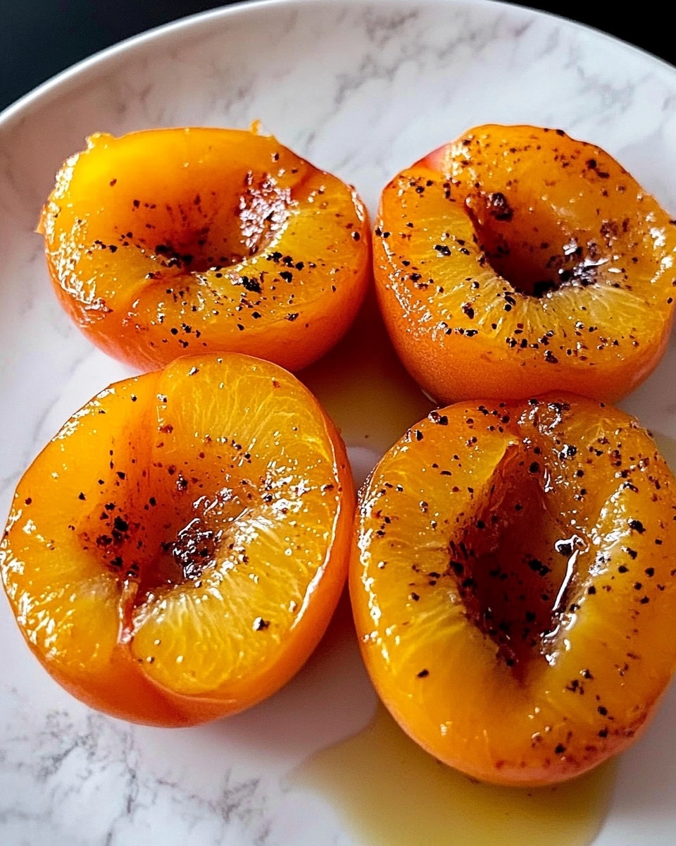 Five shiny apricot halves with a golden orange color and slightly browned edges are placed closely together on a white plate. Each apricot half shows a soft, juicy texture with small black specks of seasoning spread evenly on their surface. The plate rests on a white marbled texture that adds a clean, bright contrast to the warm tones of the apricots. The apricots appear fresh and glistening, with some syrup visible between them, highlighting their moisture and sweetness. Photo taken with an iphone --ar 4:5 --v 6.1