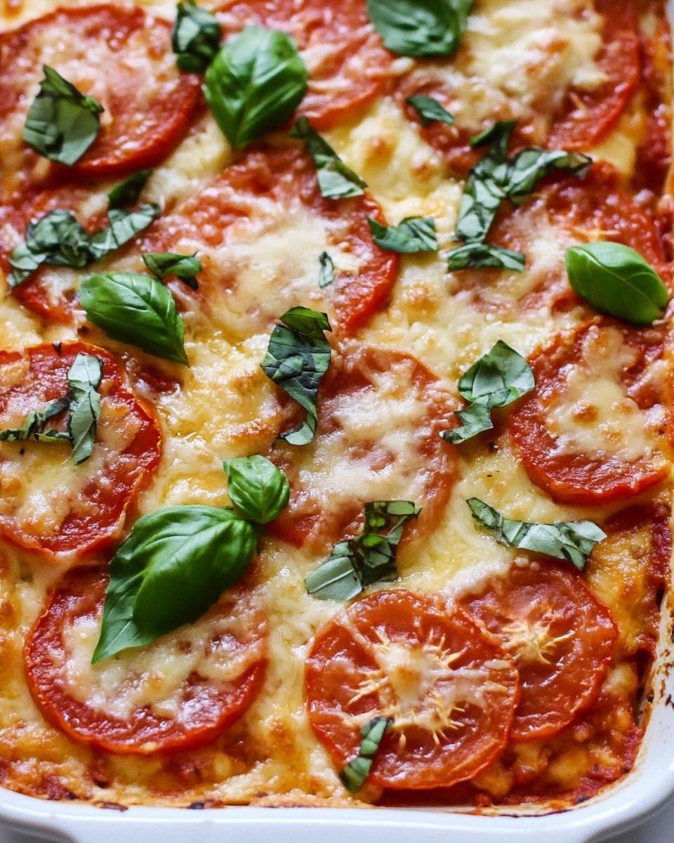 The dish shows several layers starting with a bottom layer of rich red tomato sauce, topped with a golden melted cheese layer mixed with some melted white cheese. Sliced red tomatoes, evenly spread, make the next layer, with a light sprinkling of grated cheese melting over them. Small strips of fresh dark green basil leaves are scattered on top, adding a fresh appearance. The dish is presented in a white baking dish placed on a white marbled surface. Photo taken with an iphone --ar 4:5 --v 6.1