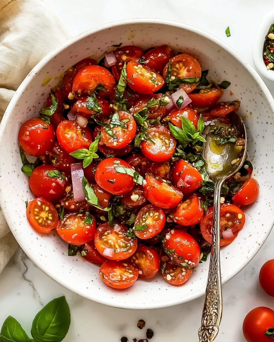 A beige bowl filled with bright red cherry tomatoes cut in half, mixed with small green herb pieces and a light brown sauce coating each tomato, with a few fresh green basil leaves on top; an antique silver spoon resting on the right side inside the bowl; three whole red cherry tomatoes with green stems lying on the white marbled surface near the bowl; a light blue cloth partially seen on the left side. photo taken with an iphone --ar 4:5 --v 6.1