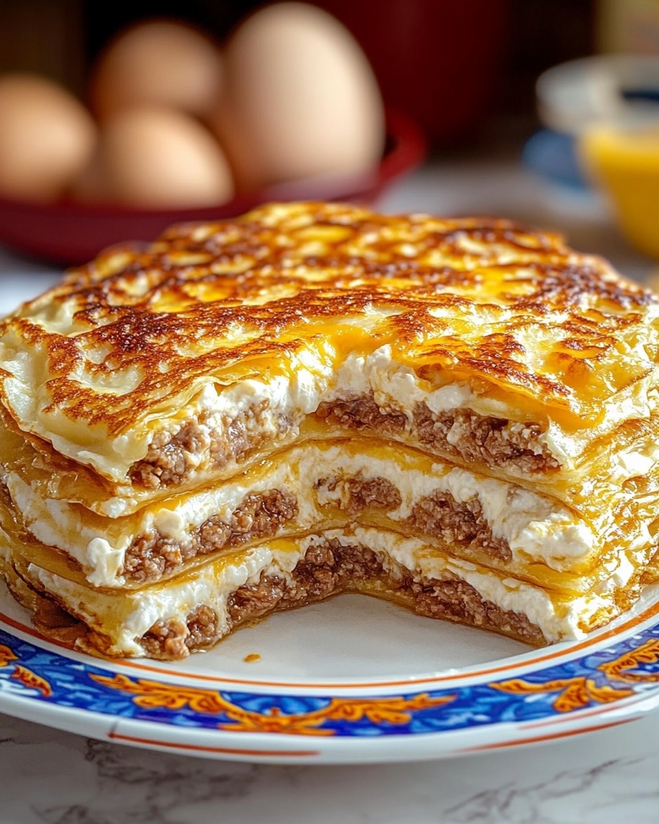 A close-up image of a lasagna slice on a white plate, showing four distinct layers. Each pasta layer is light golden yellow with a smooth texture. Between these pasta layers are rich brown meat sauce layers mixed with melted cheese that looks creamy and slightly browned on top. The edges of the lasagna are neatly stacked, and the cheese layer on top has a bubbly, golden-brown crust. The background is a white marbled surface. Photo taken with an iphone --ar 4:5 --v 6.1