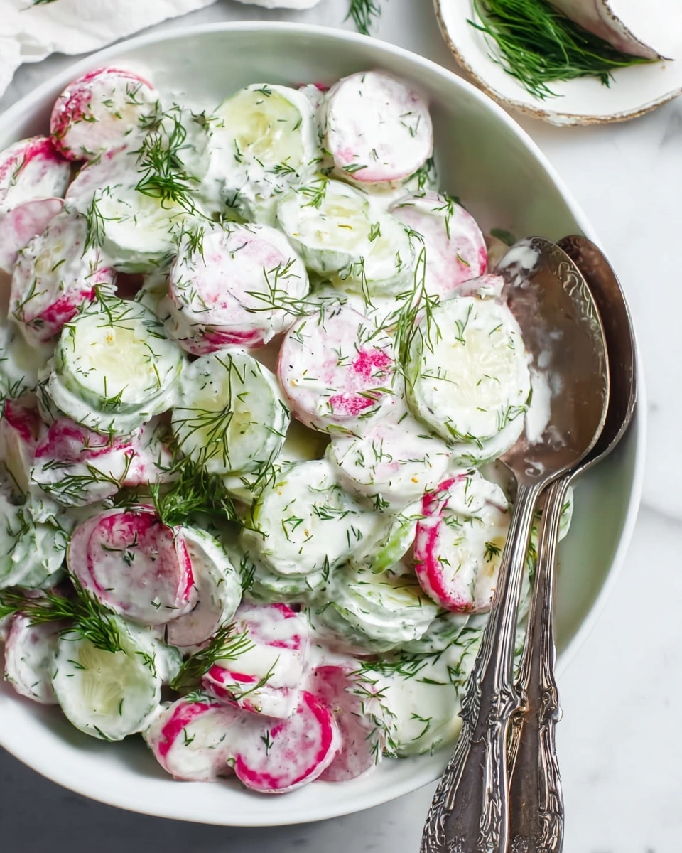 A white bowl filled with a creamy cucumber and radish salad, featuring multiple layers of round cucumber slices with green edges and slightly translucent centers mixed with thinly sliced radishes that have white centers and pink edges, all coated in a white creamy dressing with visible small green herb bits, topped with fresh dill sprigs and a sprinkle of black pepper. Two vintage silver spoons rest on the right side inside the bowl. The bowl is placed on a white marbled surface, with fresh dill sprigs and a small white container holding bright red radishes near the bottom right corner. Photo taken with an iphone --ar 4:5 --v 7