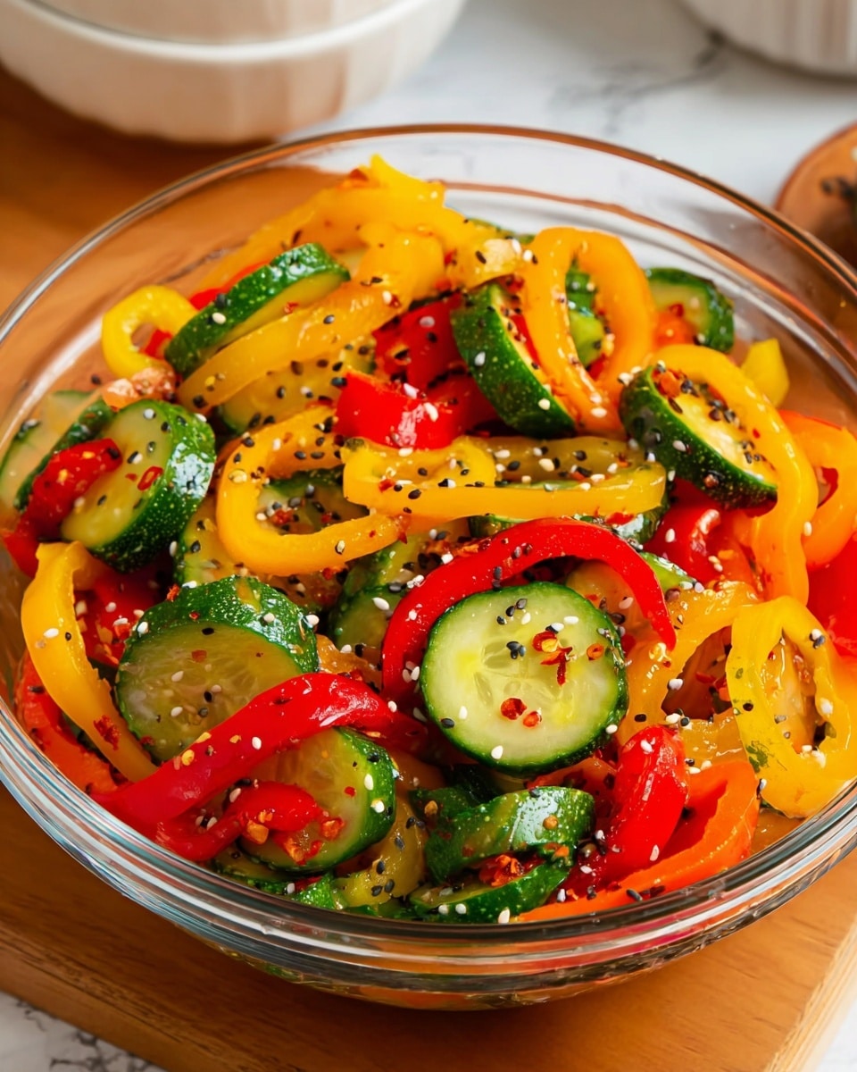 A clear glass bowl filled with a colorful mix of sliced vegetables: bright yellow and orange bell pepper rings, red chili pepper slices, and round cucumber pieces with dark green skin and light green centers. The vegetables are sprinkled with small black and white sesame seeds and tiny red chili flakes, adding texture and color contrast. The bowl is placed on a wooden surface with part of a white marbled texture visible in the background, along with a white bowl and a white plate partially in view. Photo taken with an iphone --ar 4:5 --v 7