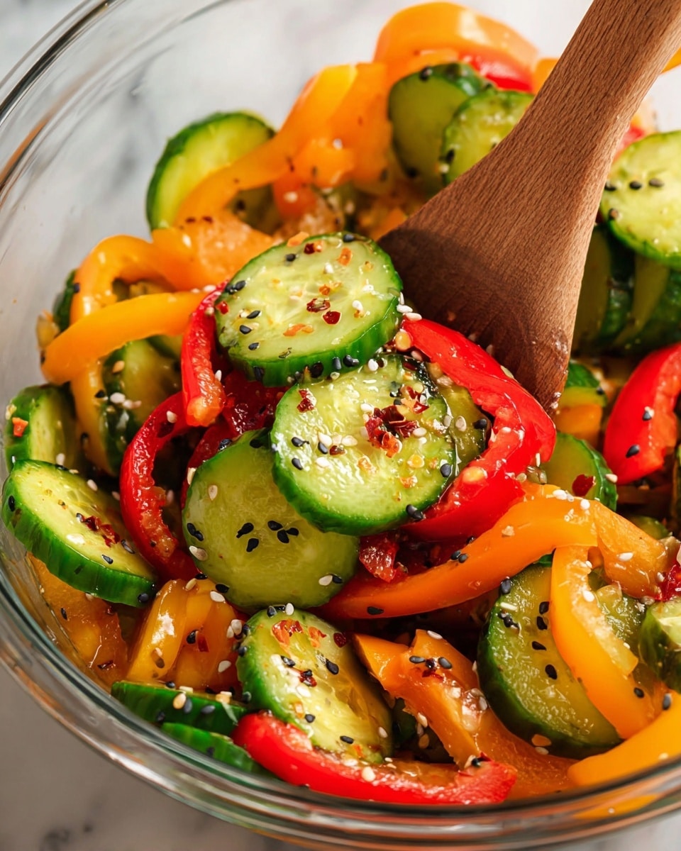 The image shows a close-up of a fresh salad being scooped with a wooden spoon. The salad has two main layers: bright green cucumber slices with a smooth, moist texture, and colorful bell pepper rings in red, orange, and yellow with a slightly shiny surface. Both layers are mixed together and sprinkled with various spices that look like black sesame seeds, white sesame seeds, red chili flakes, and salt crystals, adding texture and tiny color contrasts. The salad is in a clear glass bowl, placed on a white marbled surface. Photo taken with an iphone --ar 4:5 --v 7