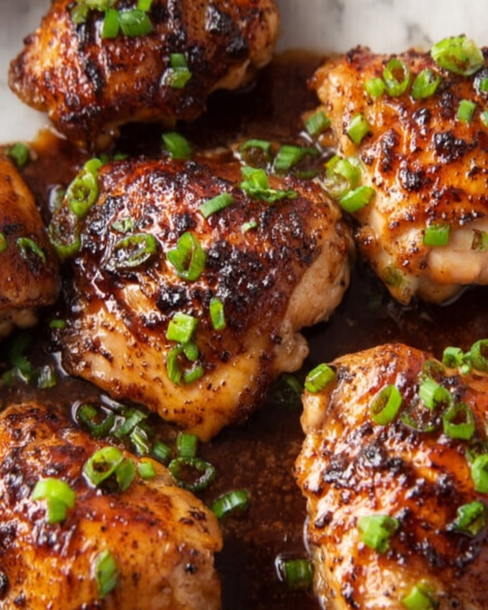 The image shows a close-up view of several pieces of brown, cooked meat with a shiny glaze on top and small black and orange bits, likely seasoning. Each piece of meat has a juicy texture and is garnished with small pieces of bright green onion scattered on top. The background is out of focus but has a white marbled texture visible near the edge. The lighting highlights the gloss and texture of the meat, making it look tender and flavorful. Photo taken with an iphone --ar 4:5 --v 7
