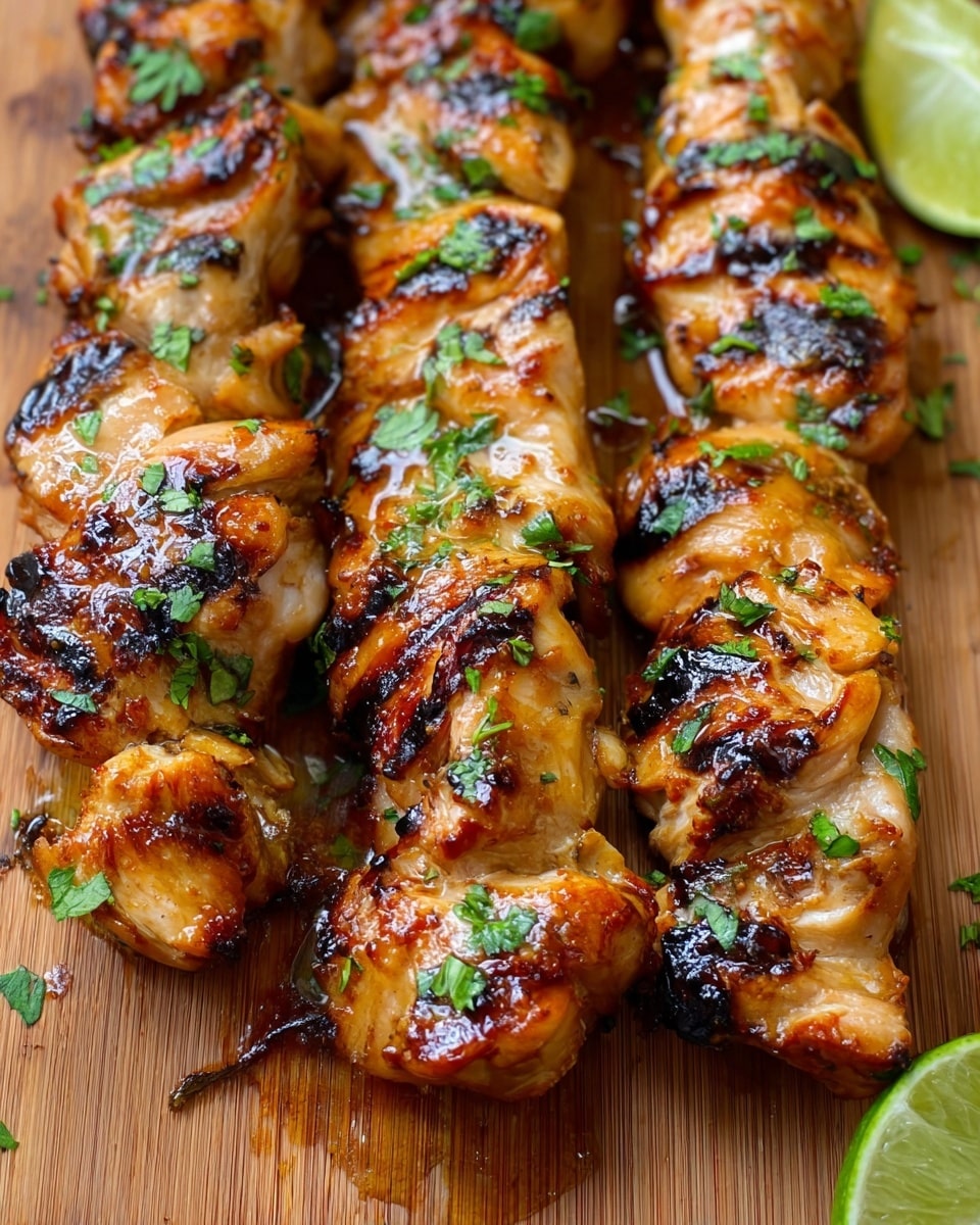 Three rows of grilled chicken pieces are shown close-up on a wooden board with a glossy, slightly charred surface. The chicken pieces are light golden brown, with darker grilled marks and a shiny glaze that reflects light. Small green parsley leaves are sprinkled across the chicken, adding bright green spots. On the right side, there is a wedge of lime. The texture of the chicken looks soft and juicy, with some thick and curved pieces stacked tightly in each skewer. photo taken with an iphone --ar 4:5 --v 7