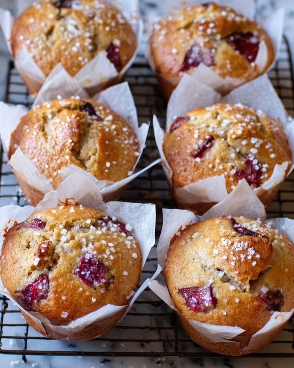 The image shows six golden brown muffins with a soft, slightly bumpy texture on top, each sprinkled with small white sugar crystals. They have chunks of dark red fruit embedded in the tops, giving a pop of color on the light brown surface. Each muffin is wrapped in white parchment paper that peeks out around the edges. The muffins rest on a dark metal cooling rack, which is placed on a white marbled surface. Photo taken with an iphone --ar 4:5 --v 7