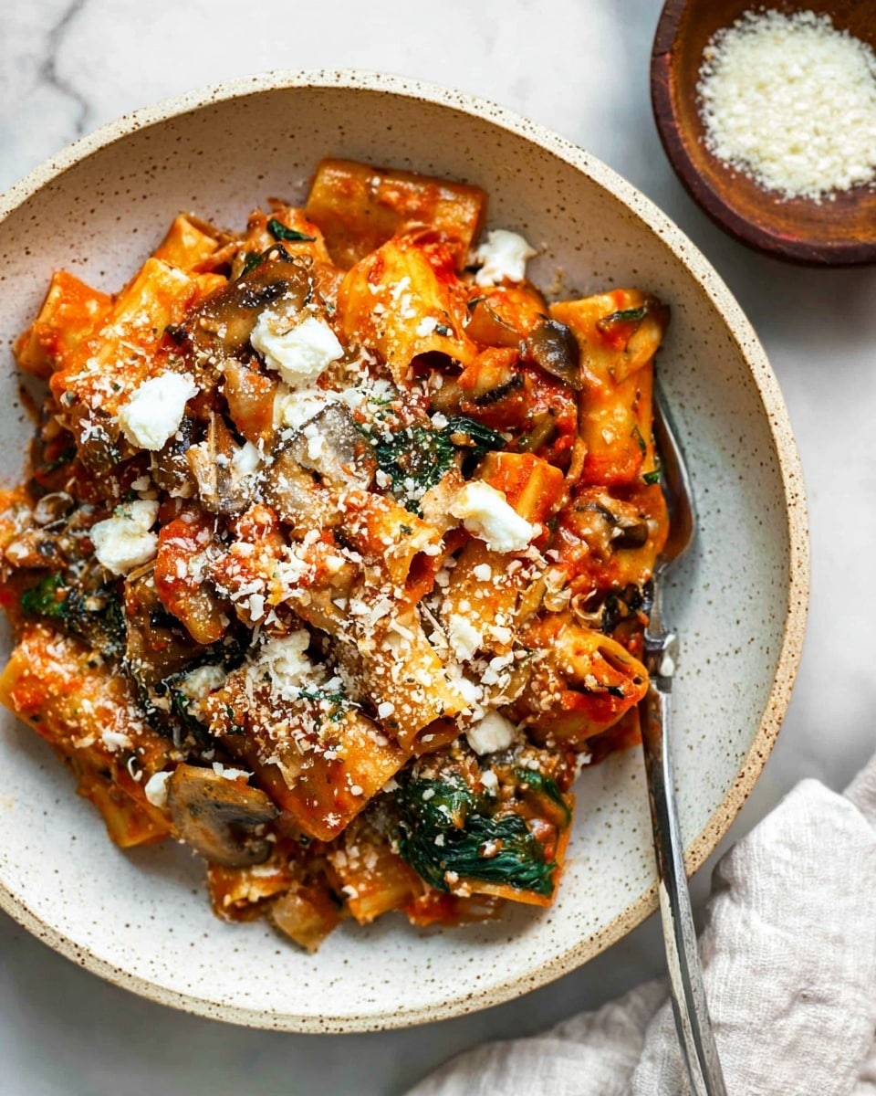 A round white speckled bowl holds a layered pasta dish featuring large tube-shaped rigatoni pasta in an orange-red tomato sauce, mixed with sautéed mushroom slices and green spinach leaves. The top layer shows grated white cheese sprinkled evenly, melting slightly over the pasta and vegetables creating a textured surface. There are chunks of soft white cheese scattered on top as well. A silver fork is partially visible on the right side of the bowl, resting on the pasta. The background has a white marbled texture. Near the bowl, a smaller brown bowl contains more grated cheese, and a white soft cloth is seen at the bottom right corner. Photo taken with an iphone --ar 4:5 --v 7