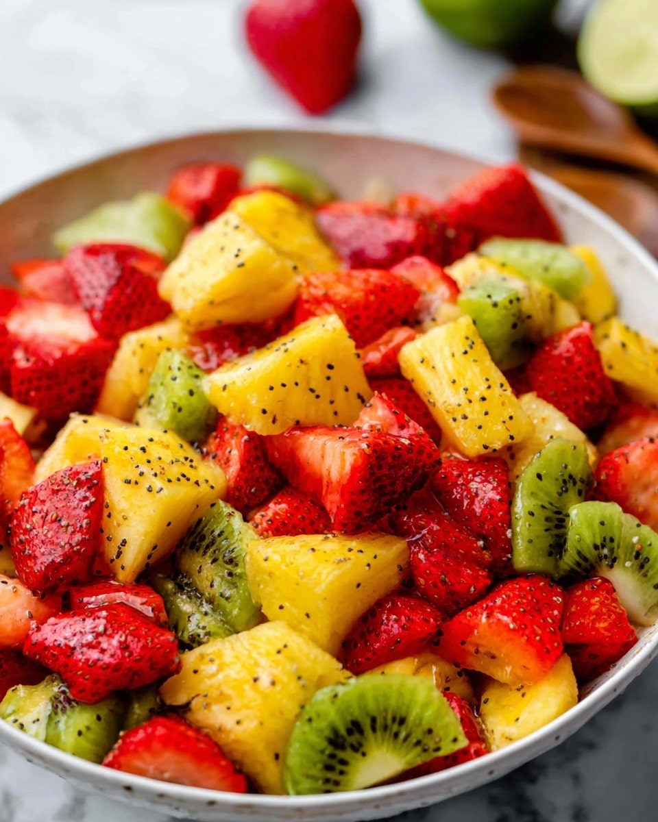 A close-up view of a white bowl filled with a colorful fruit salad, showing three main layers: bright yellow pineapple chunks with a slightly shiny texture, vibrant red strawberry pieces cut into halves and quarters, and green kiwi slices with small black seeds and soft flesh. The fruits are mixed evenly, and the salad is sprinkled with tiny black poppy seeds scattered all over. The bowl sits on a white marbled surface with a blurred background that has a couple of whole strawberries and a lime. Photo taken with an iphone --ar 4:5 --v 7