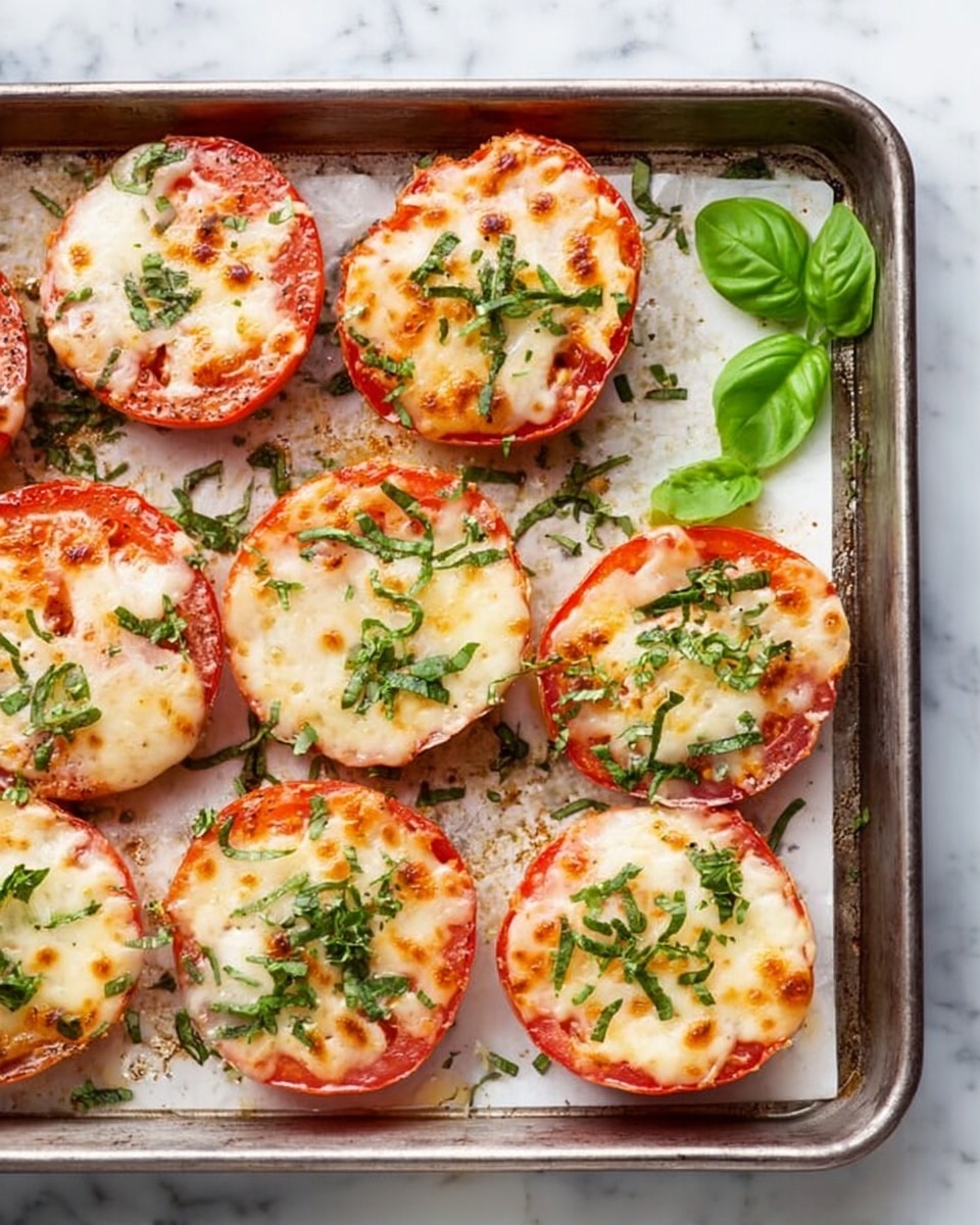 The image shows round tomato slices topped with melted, slightly browned cheese forming a smooth, creamy white layer over each tomato. The tomatoes provide a vibrant red base layer that is visible around the edges. Small green basil leaves and finely chopped herbs are sprinkled on top, adding a fresh green contrast to the warm colors. The slices are arranged closely on a baking tray with some browned cheese spots and light oil marks. The background is a white marbled texture. photo taken with an iphone --ar 4:5 --v 7