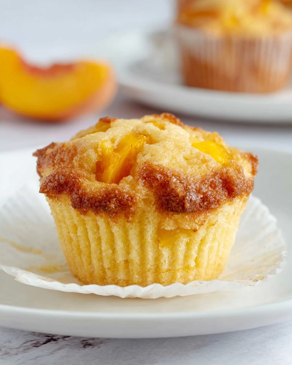 A single golden peach muffin sits centered on a white plate, its paper wrapper partly spread open around the bottom. The muffin has a rough, slightly browned top with visible soft chunks of peach that add bright yellow and orange tones scattered unevenly on the ridge. The sides of the muffin show a moist, dense crumb texture with a warm yellow color. The background is a white marbled surface with a blurred second muffin and peach slices in soft yellow and orange hues out of focus behind. Photo taken with an iphone --ar 4:5 --v 7