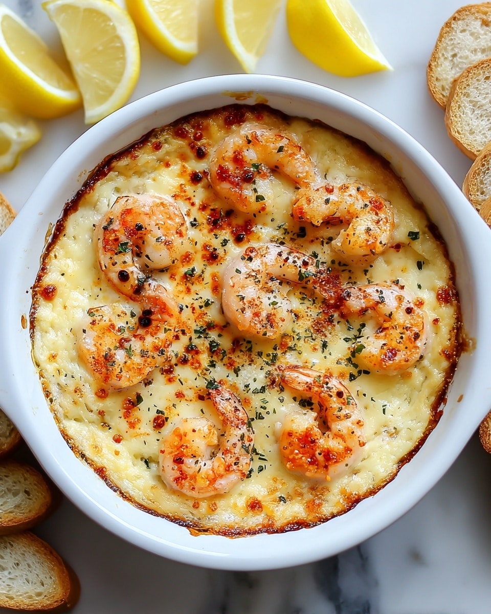 The image shows a round white ceramic dish filled with a creamy, baked shrimp casserole. The casserole has a golden-brown top layer with melted cheese and is sprinkled with small black and red spices, likely paprika and herbs. Pink shrimp are placed evenly all over the top layer, their curved shapes and light orange color standing out against the cheesy surface. The edges of the casserole have a slightly browned, crispy texture. Around the dish, slices of white bread and lemon wedges are arranged on a white marbled surface. Photo taken with an iphone --ar 4:5 --v 7
