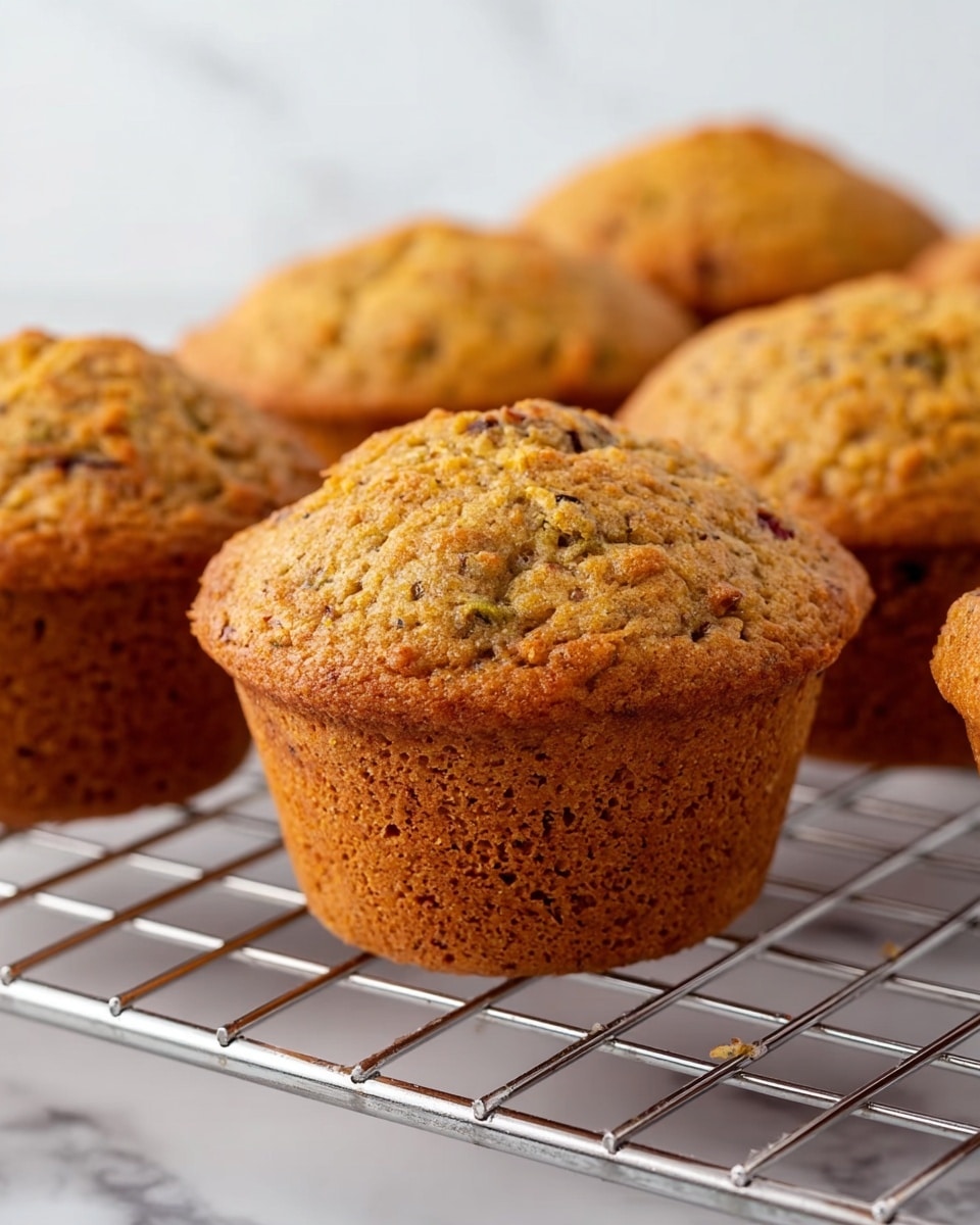 The image shows several muffins with a golden brown top and a rough texture, placed on a metal cooling rack. The muffins have small bits of darker ingredients mixed inside, giving a speckled look to the tops. The muffins are standing upright, showing their rounded tops and slightly wider tops compared to the base. The cooling rack is on a white marbled surface that adds a clean and fresh look to the scene. Photo taken with an iphone --ar 4:5 --v 7