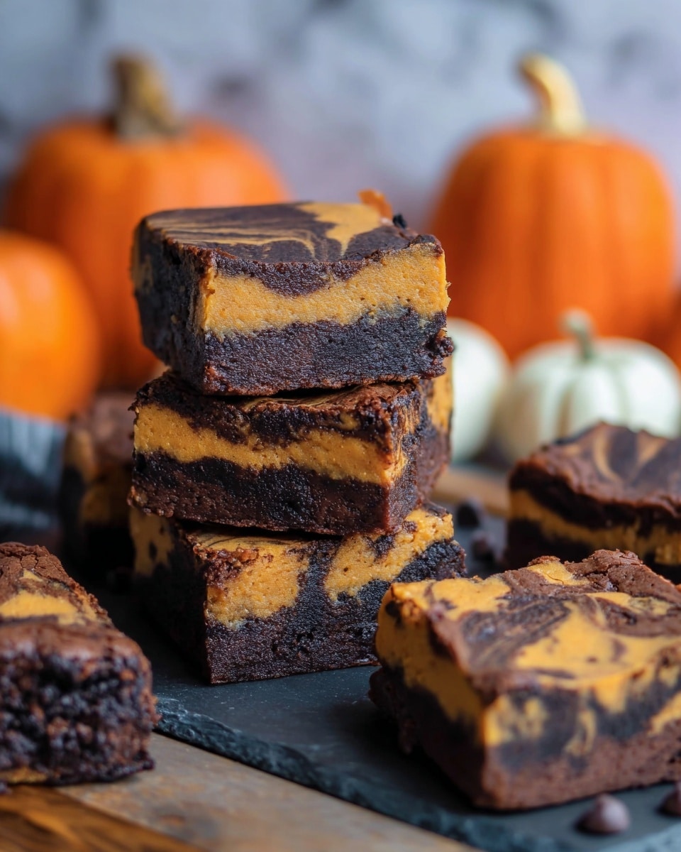 The image shows a stack of five square brownie and pumpkin swirl bars on a dark board, each bar having two layers with a marbled pattern of dark brown and orange. The dark brown chocolate layer looks dense and rich, while the orange pumpkin layer is smooth and creamy. Around the stack, a few brownies lie flat, showing the mix of colors on top as well as the thick texture. In the soft background, there are small orange and white pumpkins blurred out on a white marbled surface, adding a fall theme. Photo taken with an iphone --ar 4:5 --v 7