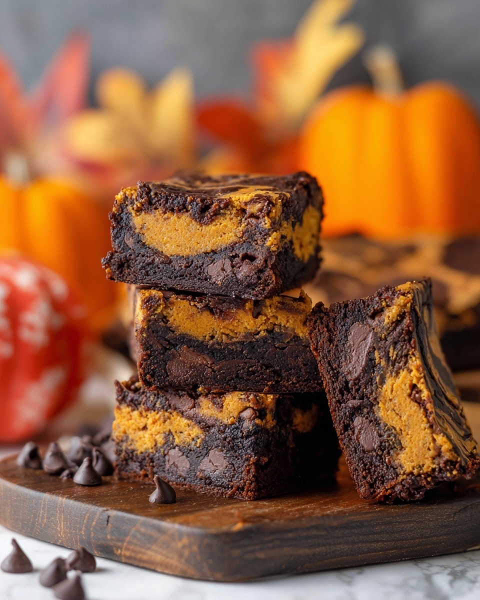 The image shows a stack of three thick square brownies with a rich mix of dark brown chocolate and bright orange pumpkin layers swirled together in each piece. The brownies are dense and moist with visible chocolate chips embedded mostly in the dark chocolate parts. Next to the stack, one brownie leans against the pile, showing more of the marbled texture where the orange pumpkin and chocolate mix unevenly. The treats sit on a dark wooden board, with a few chocolate chips scattered around. In the soft-focused background, there are round orange pumpkins and blurred autumn leaves, all on a white marbled surface. Photo taken with an iphone --ar 4:5 --v 7