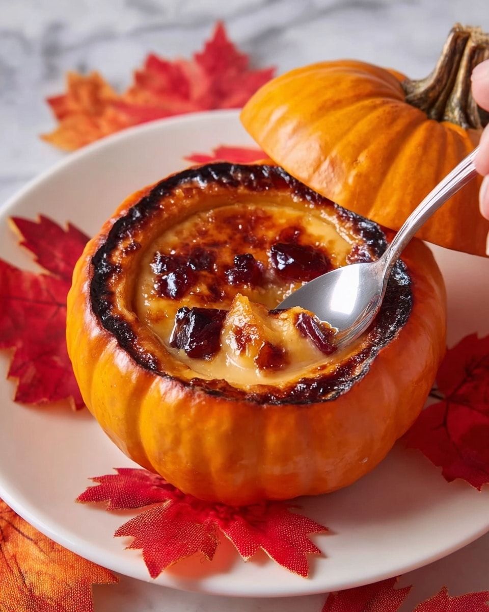 A small pumpkin with a bright orange color and slightly burnt edges serves as a bowl, filled with a layered dessert. The top layer is caramelized and shiny brown with a slightly bubbly texture, partially melting creamy beige custard underneath. There are pieces of dark red jelly-like chunks embedded in the custard. The pumpkin's lid is lifted to the side, leaning against it. This is all placed on a white plate with red and orange fabric maple leaves beneath it, on a white marbled surface. A thin silver spoon is digging into the dish, held by a woman's hand just out of frame. Photo taken with an iphone --ar 4:5 --v 7