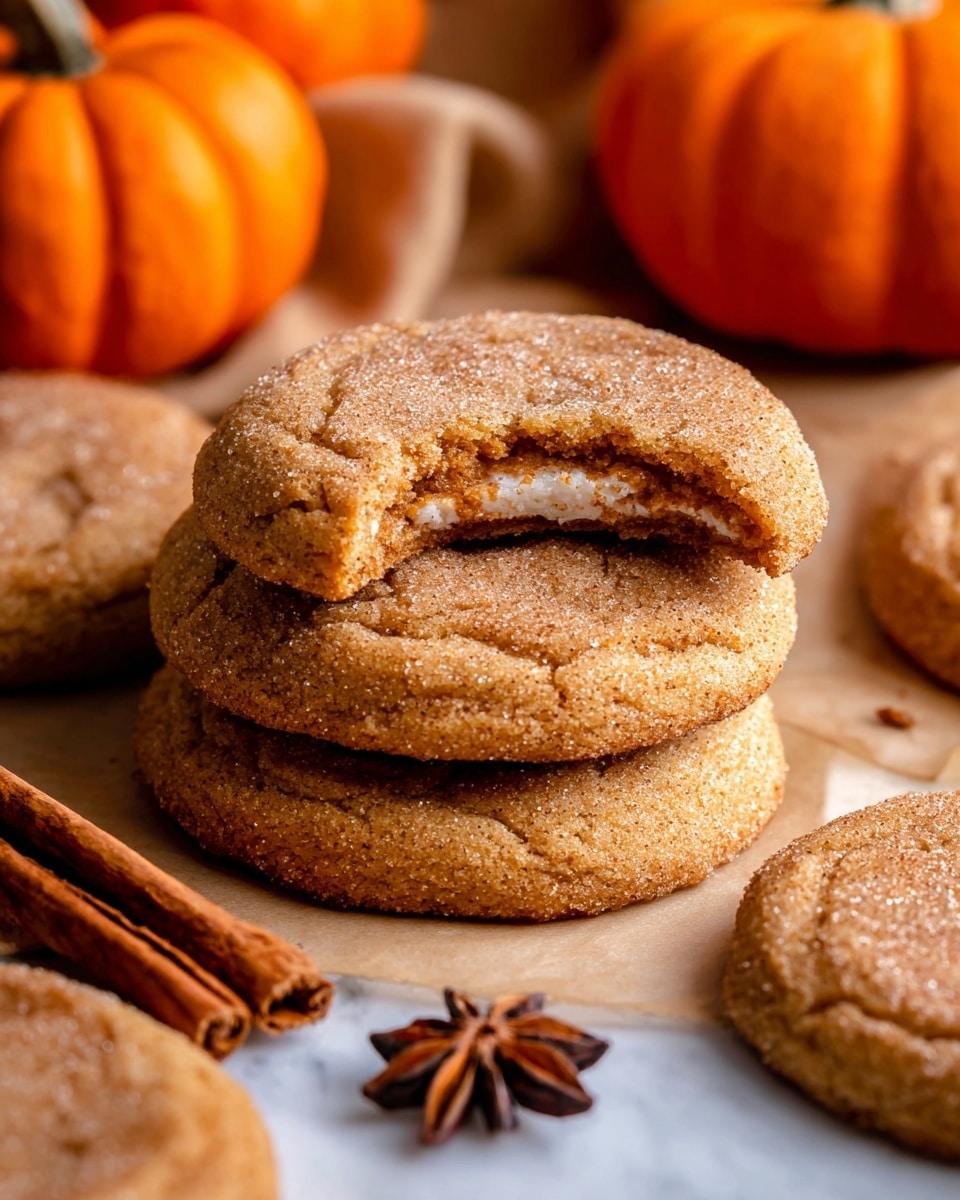 The image shows a close-up view of a stack of soft brown cookies with a sugar sprinkle on top, piled in two layers on a piece of parchment paper. One cookie on the top layer has a bite taken out revealing a light, tender inside. Around the cookies, there are two whole cinnamon sticks and a star anise for decoration. In the background, two small orange pumpkins add a warm, autumn feel. The cookies have a slightly cracked surface texture and the scene is set against a white marbled texture. Photo taken with an iphone --ar 4:5 --v 7