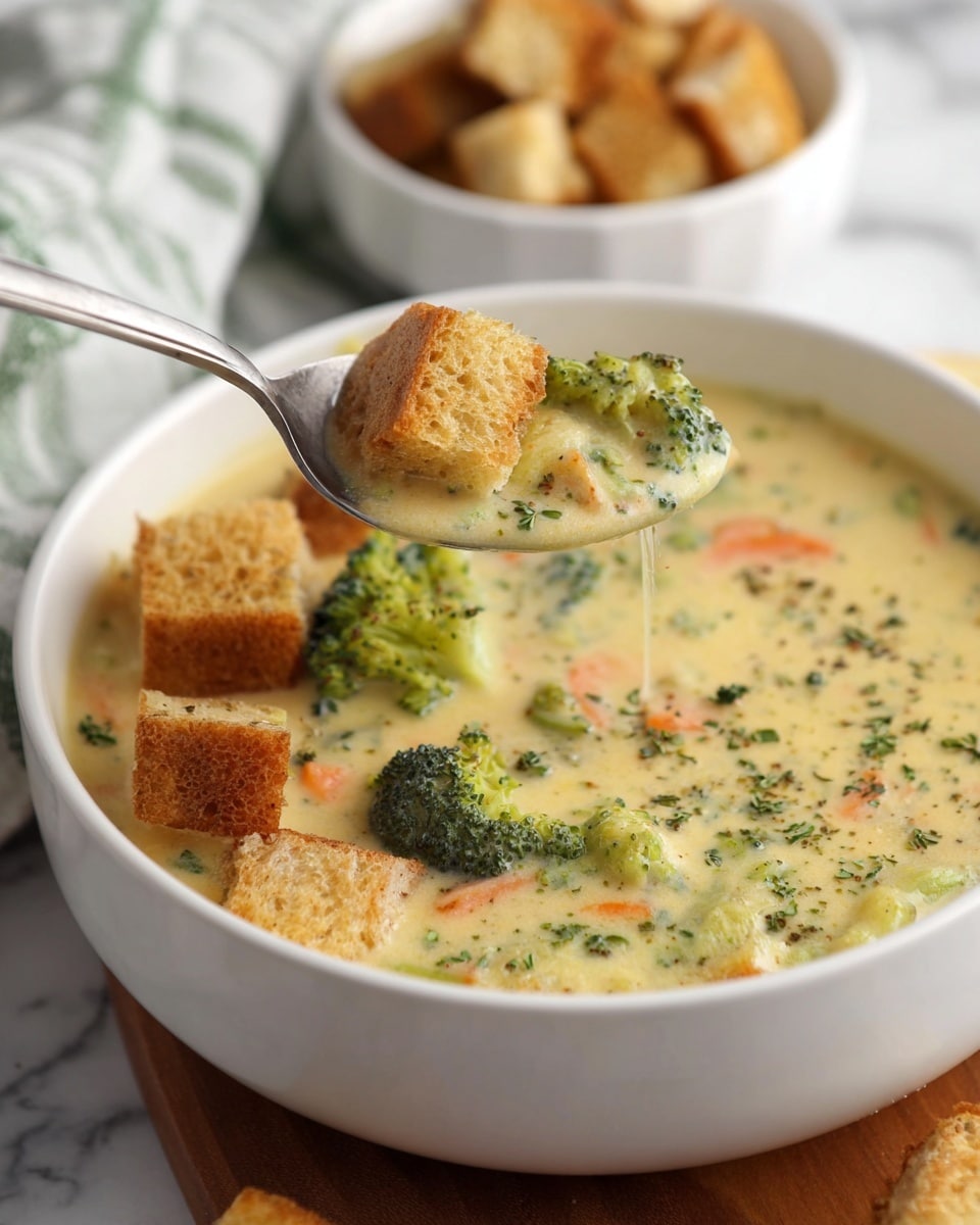 A white bowl filled with creamy soup that has small green broccoli pieces and thin orange carrot slices mixed in a light yellow broth, topped with golden brown croutons scattered on one side with some green herbs sprinkled over them. A silver spoon is lifting some soup, showing broccoli and carrots inside the thick liquid. In the background, there is a small white bowl full of more croutons and a green-striped white cloth. The scene is placed on a white marbled surface with a hint of a wooden board under the bowl. Photo taken with an iphone --ar 4:5 --v 7