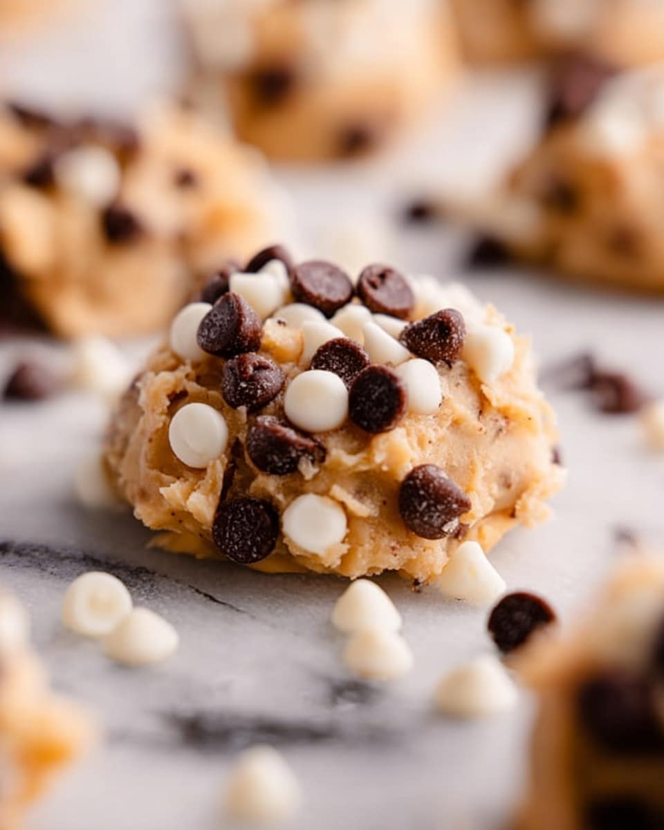The image shows a close-up of a small, rough mound-shaped cookie made from a light tan dough filled with chocolate chips. The top layer is sprinkled with semi-sweet dark chocolate chips, adding a dark brown color and smooth round shapes, and there are some white chocolate chips mixed in and scattered around the cookie on the white marbled surface. The dough has a soft, slightly uneven texture that looks creamy and thick. In the blurred background, there are similar cookie mounds, slightly out of focus, giving a sense of multiple cookies on the same white marbled surface. photo taken with an iphone --ar 4:5 --v 7
