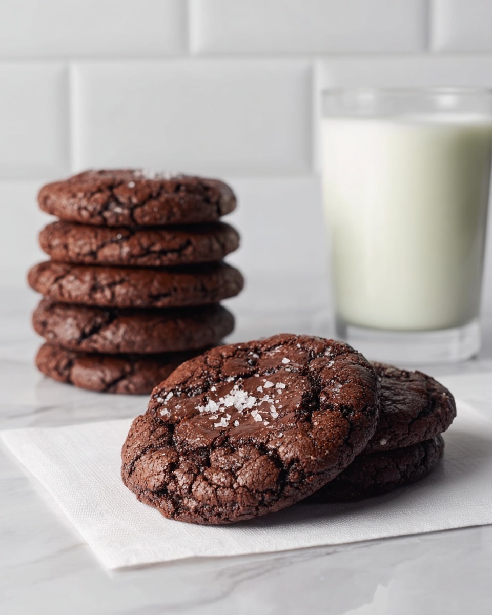 Two large dark brown chocolate cookies with a rough textured surface and a few flakes of sea salt on top lie in the front on a white napkin over a white marbled surface. Behind them, four similar cookies are stacked in a neat pile. In the background, a tall clear glass filled with milk rests against a blurred white tiled wall. The lighting is soft and natural, highlighting the cookies' texture. Photo taken with an iphone --ar 4:5 --v 7