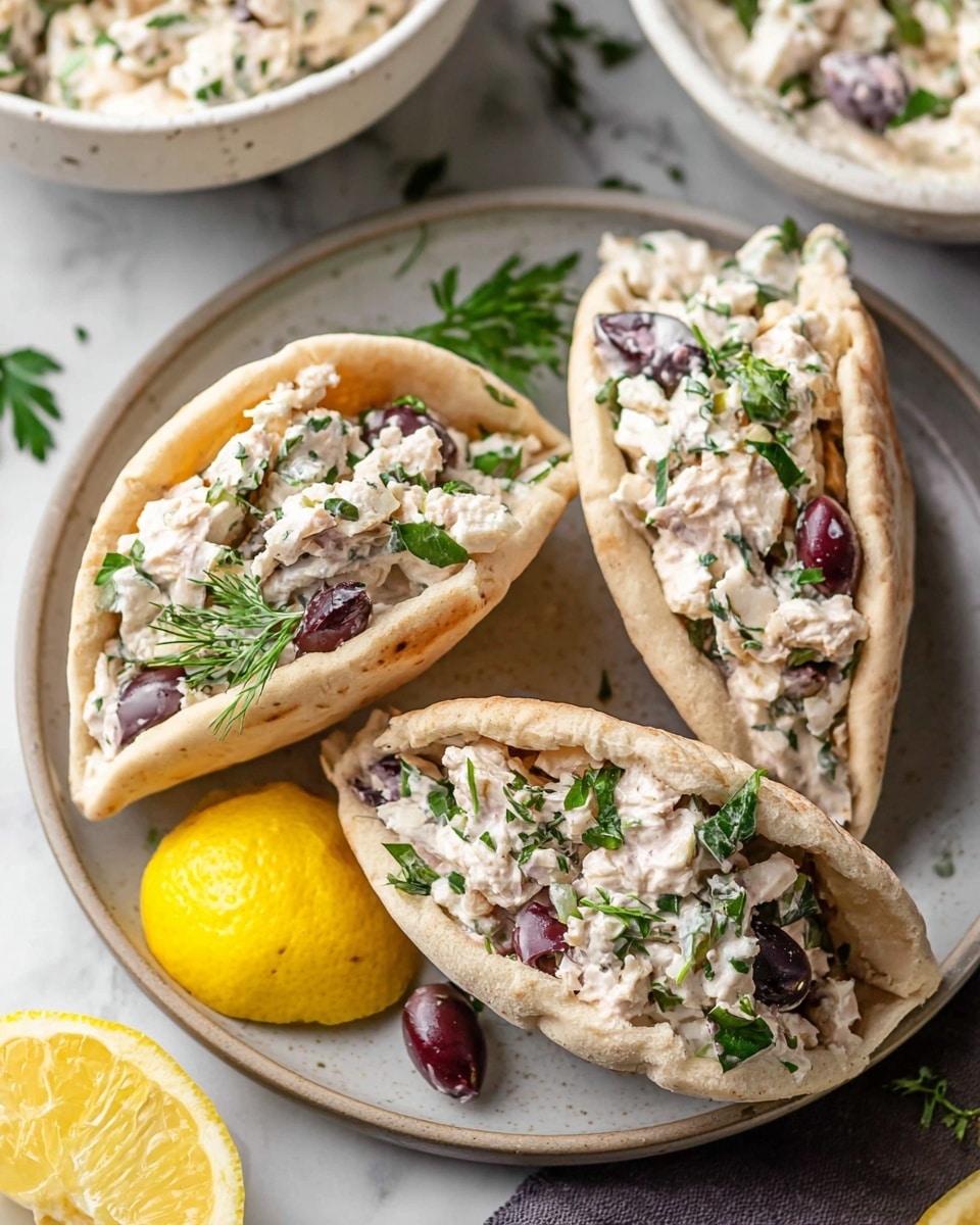 The image shows three pita bread pockets on a round white plate, each stuffed with several layers of a creamy filling mixed with crumbled white cheese, small pieces of dark purple olives, and chopped fresh green herbs. The pita bread is a light beige color with soft, slightly rough texture, open at the top to reveal the filling inside. On the plate near the pitas, there is a bright yellow half lemon, cut side up. The plate is placed on a white marbled surface, and in the background, there is a shallow white bowl partially filled with more of the creamy filling. The overall look is fresh and colorful with a mix of creamy whites, greens, purples, and yellow. photo taken with an iphone --ar 4:5 --v 7