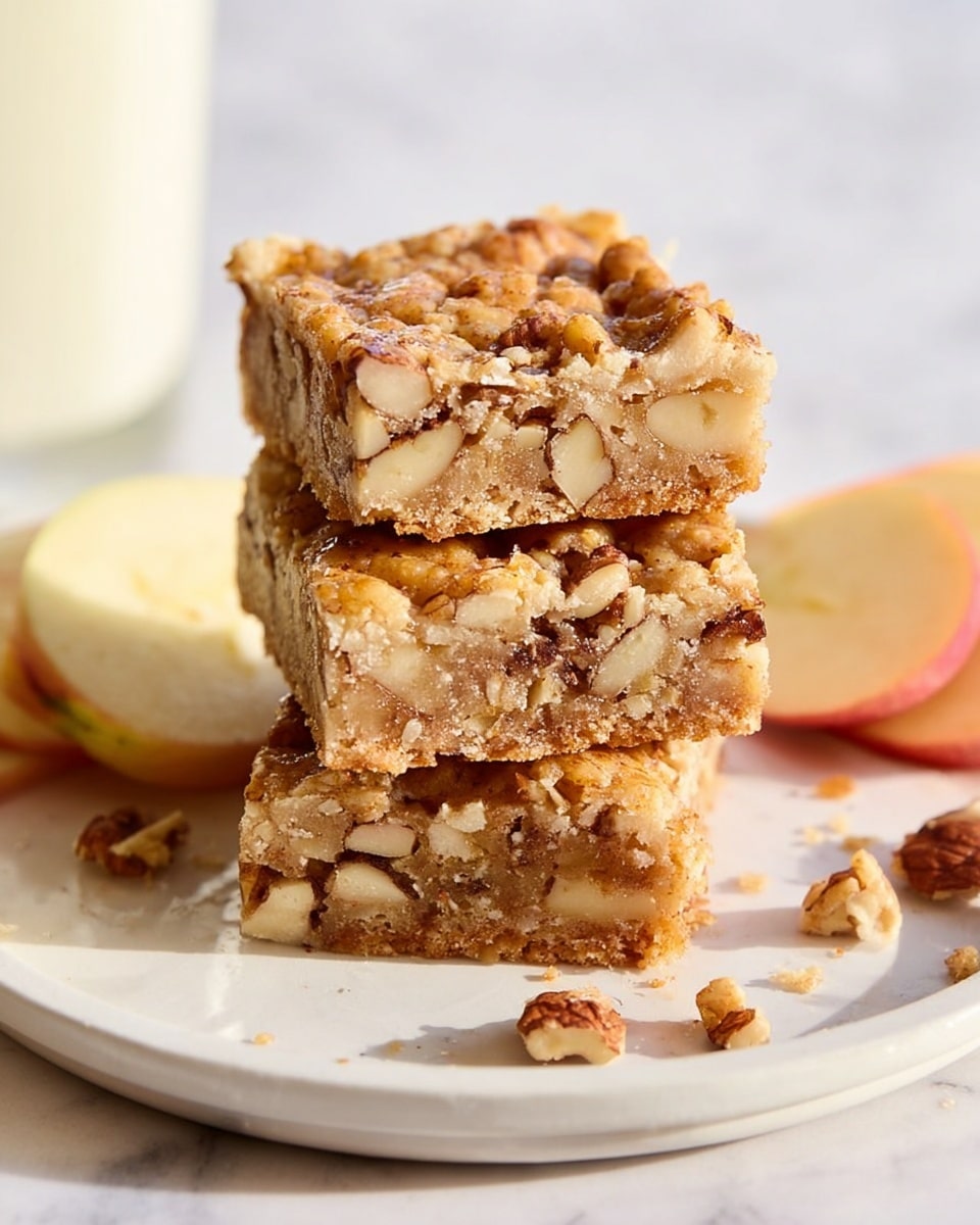 Three pieces of nut-filled bars are stacked on a white plate with crumbly edges and a soft, dense texture inside. The bars show visible chunks of nuts scattered throughout each layer, with a golden-brown top layer that looks slightly crisp. Around the plate, there are small nut pieces scattered, and thin slices of apple are placed beside the stack. The setting has a white marbled texture background with soft lighting. Photo taken with an iphone --ar 4:5 --v 7
