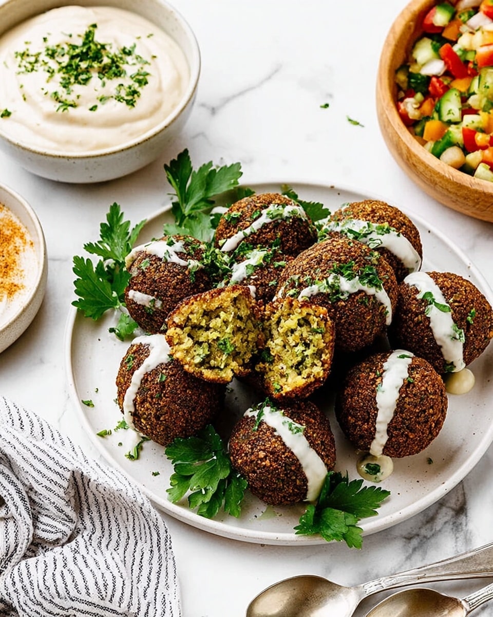 A white plate holds about eight falafel balls, arranged in a loose pile with one falafel broken open to show its green, textured inside. The falafel balls have a dark, crunchy exterior. White sauce is drizzled over several falafel balls. Green parsley leaves are placed beneath and around the falafel, adding fresh color. To the left, a white bowl contains more white sauce sprinkled with herbs, and a striped cloth is partly visible. On the right edge, a wooden bowl with a colorful mix of chopped salad is just seen. The whole scene sits on a white marbled surface with two silver spoons beside the plate. Photo taken with an iphone --ar 4:5 --v 7