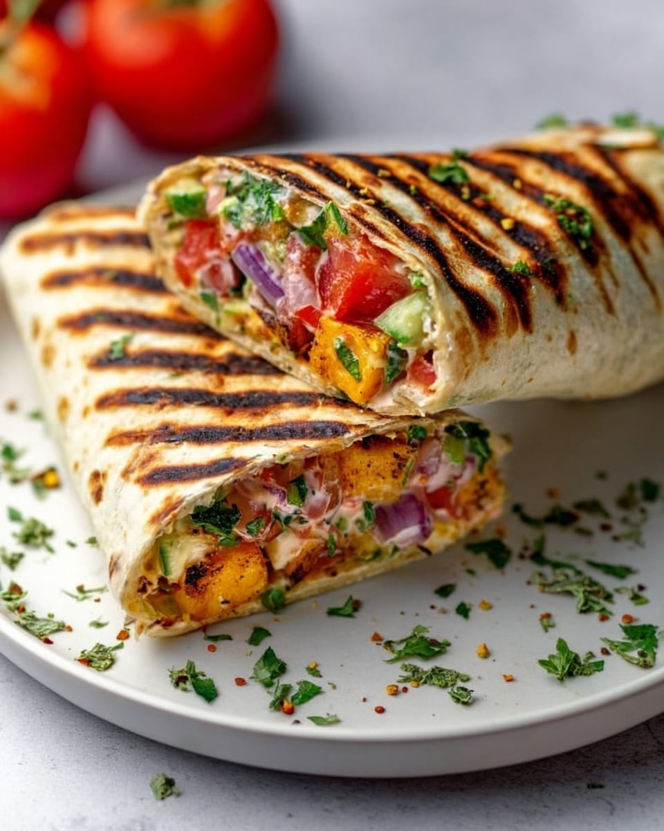 The image shows a grilled wrap cut in half, each half revealing colorful layers inside. The wrap has brown grill marks on the outside with a slightly toasted texture. Inside, the first layer consists of golden orange chunks that look soft, followed by a mix of bright red tomato pieces and green leafy herbs. There are also small bits of light purple onion and creamy white sauce spread evenly. The wrap halves sit on a white plate with scattered herbs around, all placed on a white marbled surface. Photo taken with an iphone --ar 4:5 --v 7