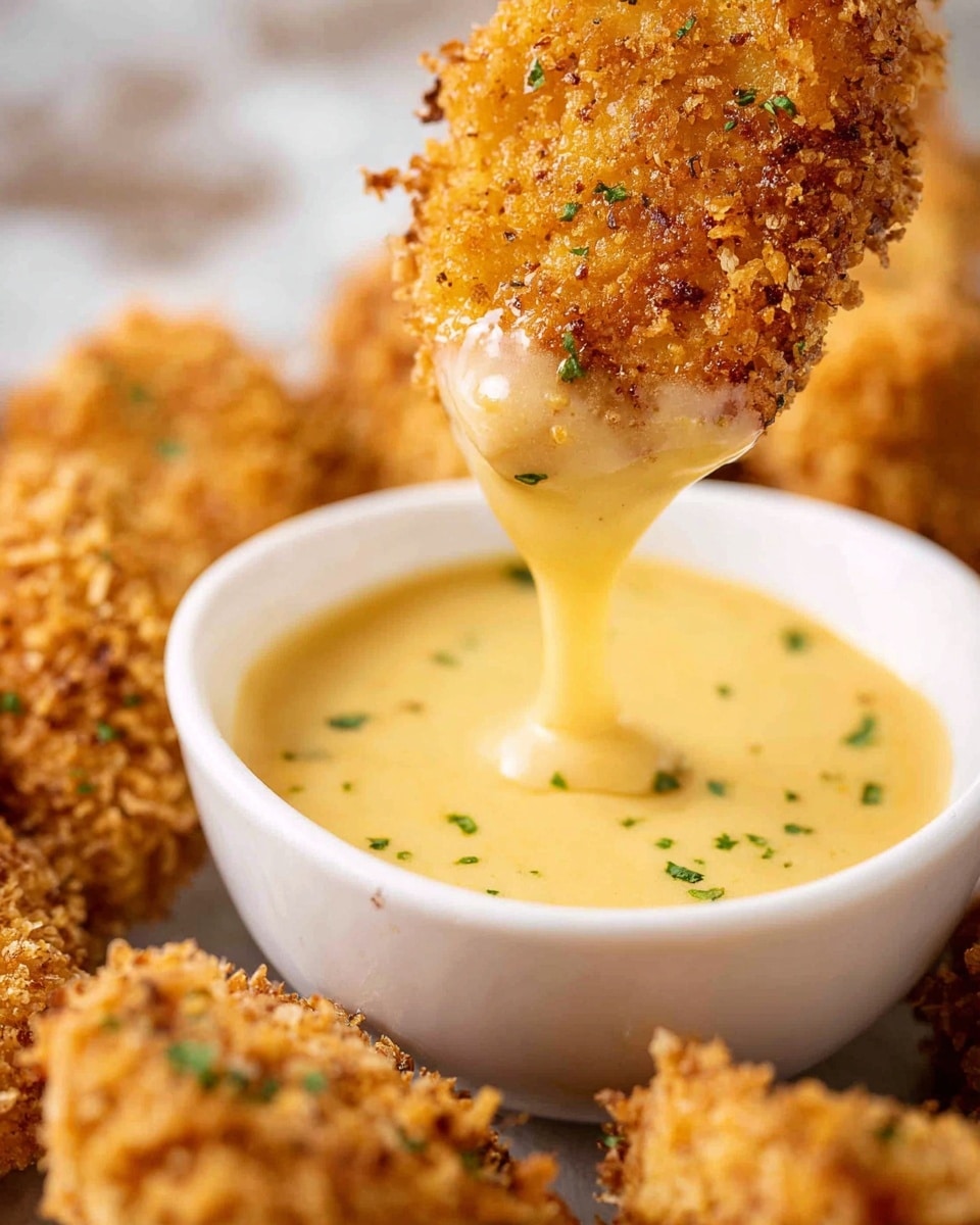 A close-up image showing a golden-brown crispy nugget being dipped into a small white bowl filled with creamy yellow sauce. The nugget has a crunchy texture with small green herb bits sprinkled on top. The sauce drips slightly from the nugget, showing its smooth and thick consistency. In the soft-focused background, other crispy nuggets can be seen resting on a white marbled surface. The image is well-lit, highlighting the crunchy coating and creamy dip. photo taken with an iphone --ar 4:5 --v 7