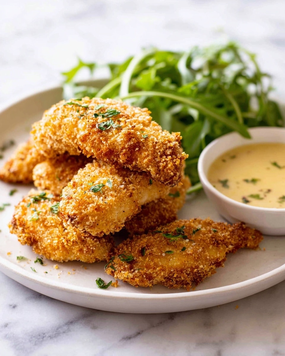 On a white plate lying on a white marbled surface, there are four pieces of golden brown crispy breaded chicken stacked loosely. The chicken has a crunchy texture with small green herbs sprinkled on top. Behind the chicken, there is a small pile of fresh green arugula leaves. To the right side of the plate, there is a small white bowl filled with a creamy light yellow sauce that has some herbs on its surface. photo taken with an iphone --ar 4:5 --v 7