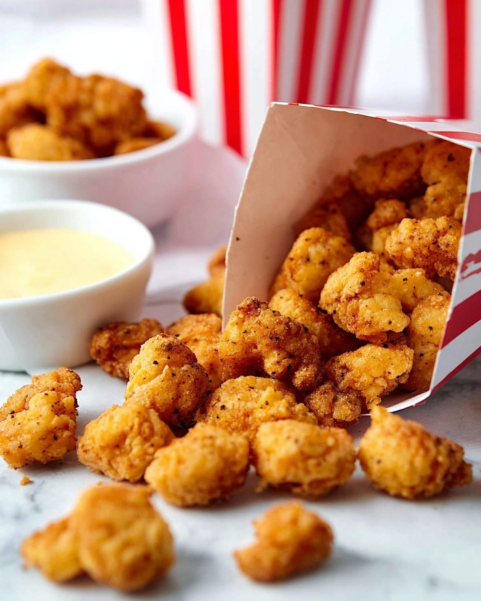 Small golden brown popcorn chicken pieces are spilling out of a white and red striped box lying on its side. The chicken pieces have a crunchy, textured surface with some small black specks, scattered both inside the box and on a white marbled surface. In the background, there is another similar white and red striped box and a white bowl filled with a light yellow dipping sauce. The focus is on the popcorn chicken pieces in the foreground, showing their rough, crispy texture. Photo taken with an iphone --ar 4:5 --v 7