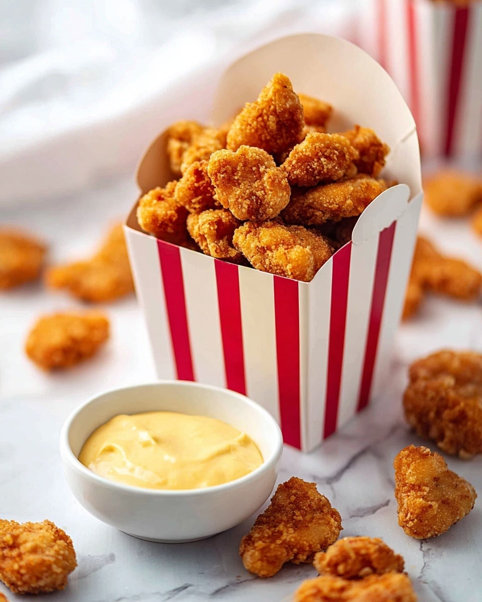 A white and red striped tall popcorn-style box filled with multiple small, golden-brown fried chicken bites stacked tightly inside, with a few pieces scattered on a white marbled surface around the box. In the near foreground, there is a white bowl filled with creamy yellow dipping sauce. The overall scene is bright and clean with the focus on the crispy texture of the chicken bites. Photo taken with an iphone --ar 4:5 --v 7