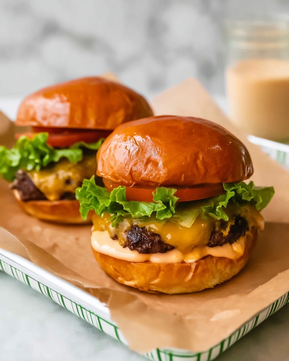 A close-up view of a burger cut in half, placed on a white plate with a thin dark rim, sitting on a white marbled surface. The burger has four layers: the top layer is a golden-brown soft bun with a smooth texture, followed by a thick, dark brown cooked beef patty. Below the patty is a creamy orange sauce spread on top of a light green leaf of lettuce, which rests on the bottom bun that matches the top in color and texture. A wooden skewer pierces through the center of the burger to hold it together. In the background, there is another whole burger and a jar of sauce, both slightly blurred. Photo taken with an iphone --ar 4:5 --v 7