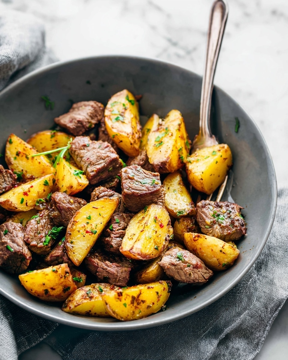 The image shows a gray bowl filled with cooked beef chunks and roasted yellow potato wedges, both browned and seasoned with small green herb bits sprinkled on top. The beef pieces look tender with a slightly crispy outside, while the potatoes have a golden-brown surface with some herbs visible on them. A silver fork rests inside the bowl, partially under some of the potatoes and meat. The bowl is placed on a light gray cloth on a white marbled surface. photo taken with an iphone --ar 4:5 --v 7