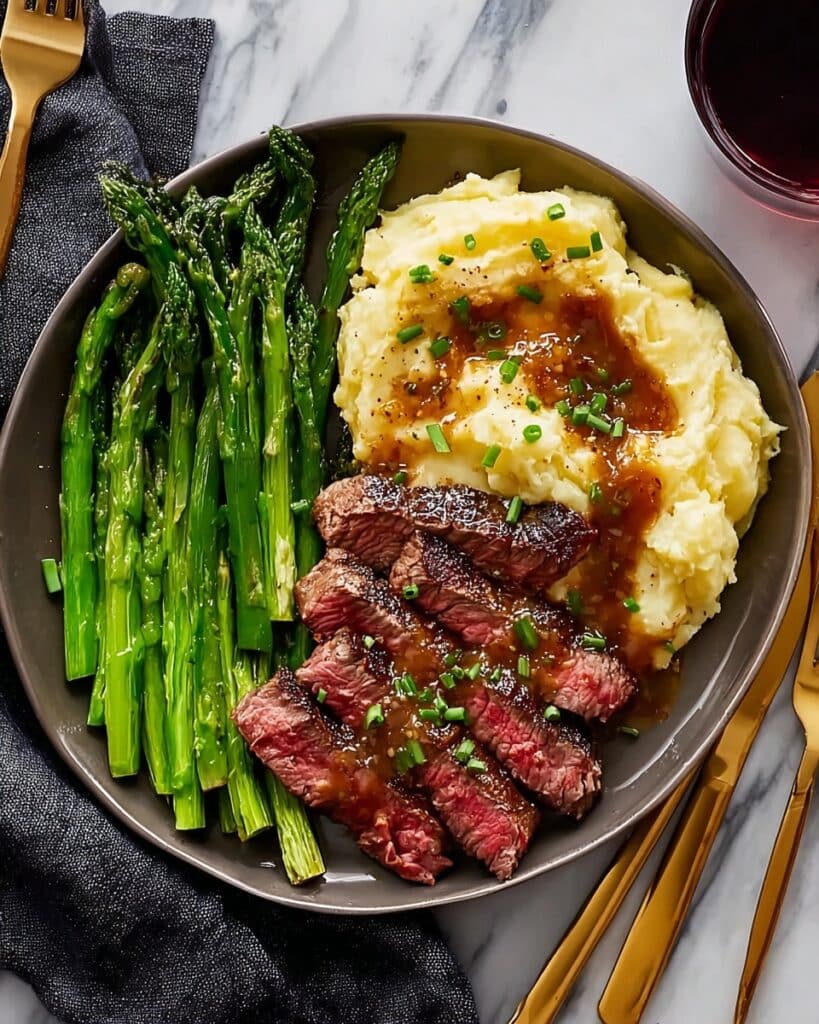 Bavette Steak with Roasted Garlic Pan Sauce and Creamy Mashed Potatoes Recipe