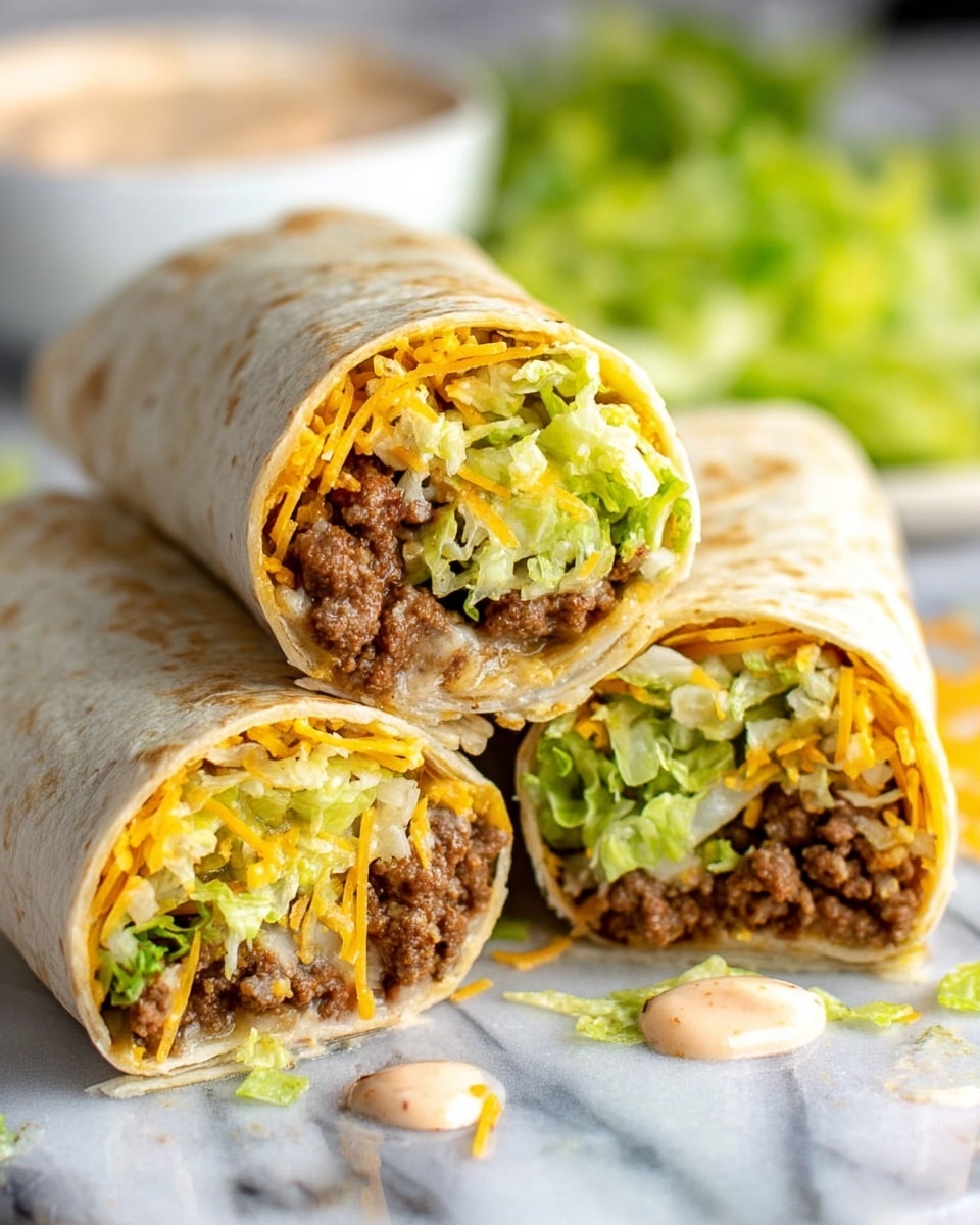 Three cut burritos stacked on a white marbled surface, each with a soft beige tortilla wrap. Inside layers from bottom to top include bright orange shredded cheese, crumbled brown cooked meat, light orange creamy sauce, and fresh green shredded lettuce. The burritos show a mix of textures from soft tortilla to crunchy lettuce and creamy sauce. The background is blurred with hints of green lettuce and a white bowl. photo taken with an iphone --ar 4:5 --v 7
