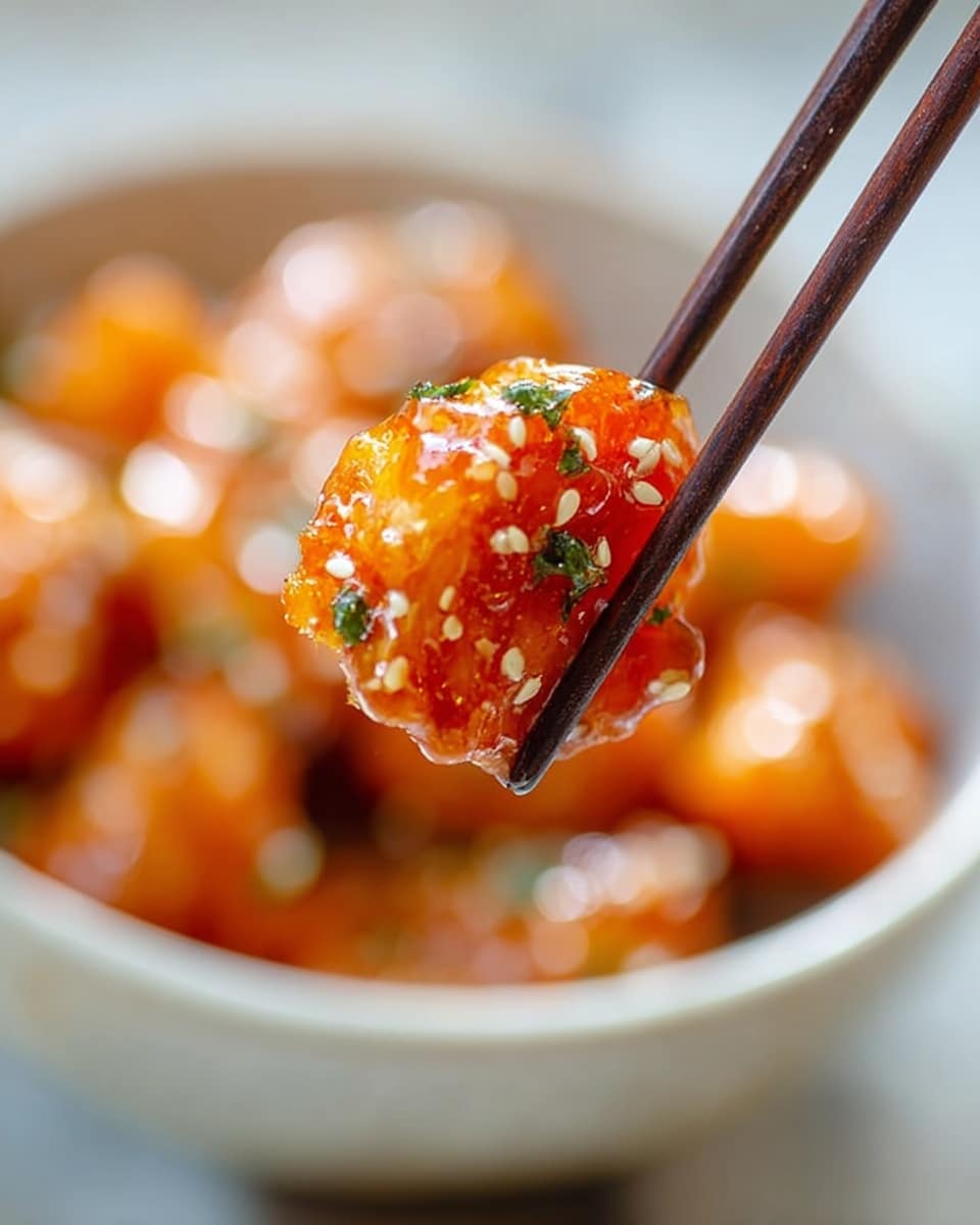 A piece of orange-colored fried food coated in sticky sauce is held by dark wooden chopsticks. The food piece is sprinkled with white sesame seeds and small green herb bits. In the blurred background, there is a white bowl filled with more pieces of the same food. The whole scene rests on a white marbled surface. photo taken with an iphone --ar 4:5 --v 7