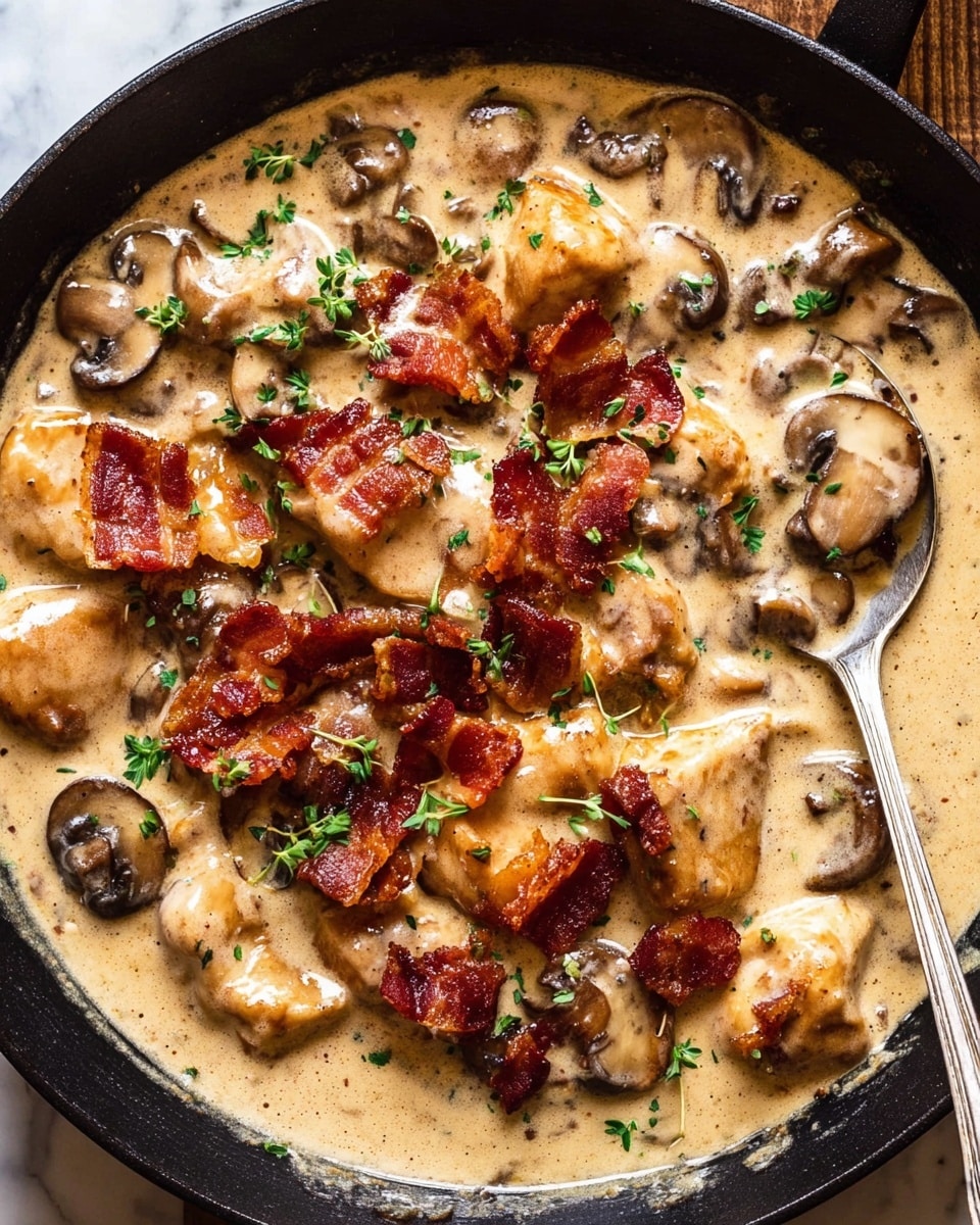 A close-up top view of a black skillet filled with creamy beige sauce covering several pieces of light golden cooked meat, mixed with dark brown sautéed mushroom slices spread throughout the sauce. Crispy reddish-brown bacon pieces are scattered on top in an uneven layer, with small fresh green herb sprigs sprinkled over everything. A silver spoon is partially submerged into the sauce on the right side of the skillet. The skillet sits on a white marbled textured surface. photo taken with an iphone --ar 4:5 --v 7