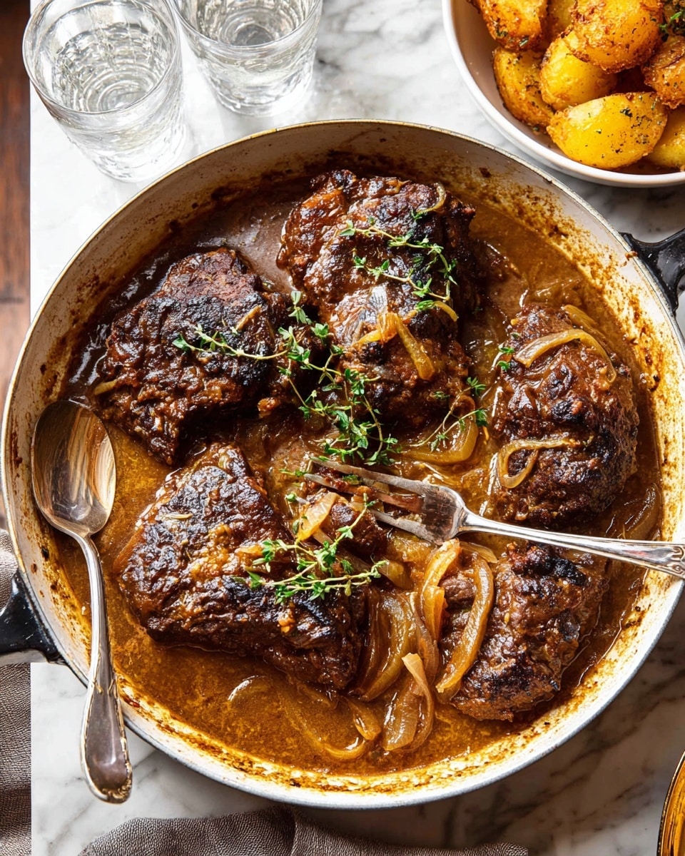 The image shows a white round pan filled with five large, dark brown, crispy pieces of cooked meat partially covered in a thick, light brown sauce with visible onion slices. The meat pieces have a rough texture with some charring on the edges and are garnished with small sprigs of fresh green herbs scattered on top. Two silver utensils rest inside the pan, one fork partly under a piece of meat and a serving spoon beside it. In the top right corner, a white bowl contains golden baked or fried potatoes with a crispy texture. The background is a white marbled surface with glasses of water partially visible at the top left. Photo taken with an iphone --ar 4:5 --v 7