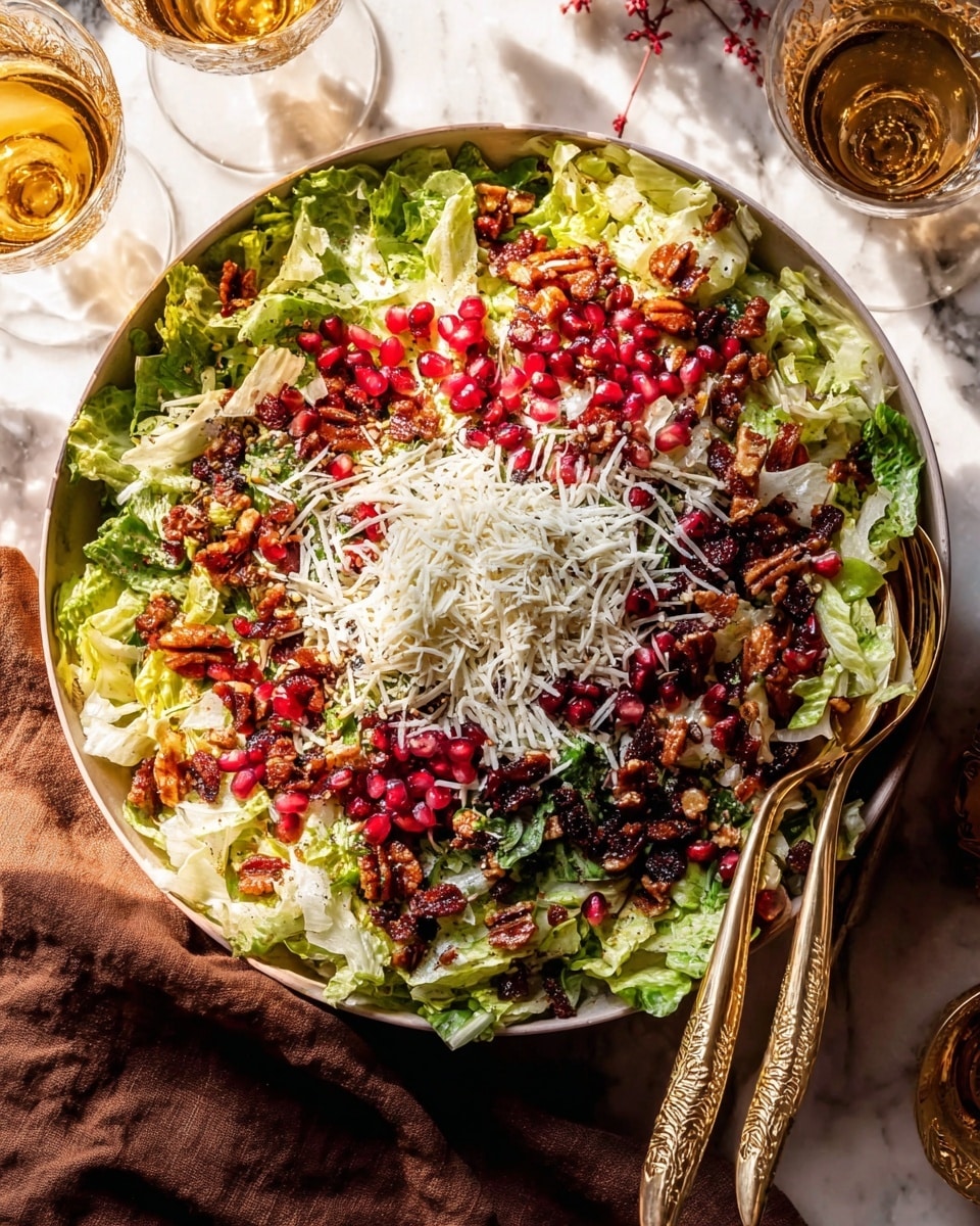 A salad arranged in a white bowl on a white marbled surface, showing several layers starting with a bed of light green lettuce leaves as the base. On top, there are scattered bright red pomegranate seeds and dark brown candied nuts, mixed with small bits of green herbs for texture. A generous layer of finely shredded white cheese is sprinkled across the center, contrasting with the colors around it. The salad is accompanied by gold-handled serving utensils with intricate patterns, resting on the edge of the bowl next to a folded brown cloth. Two glasses filled with a golden liquid are partially visible nearby. Photo taken with an iphone --ar 4:5 --v 7
