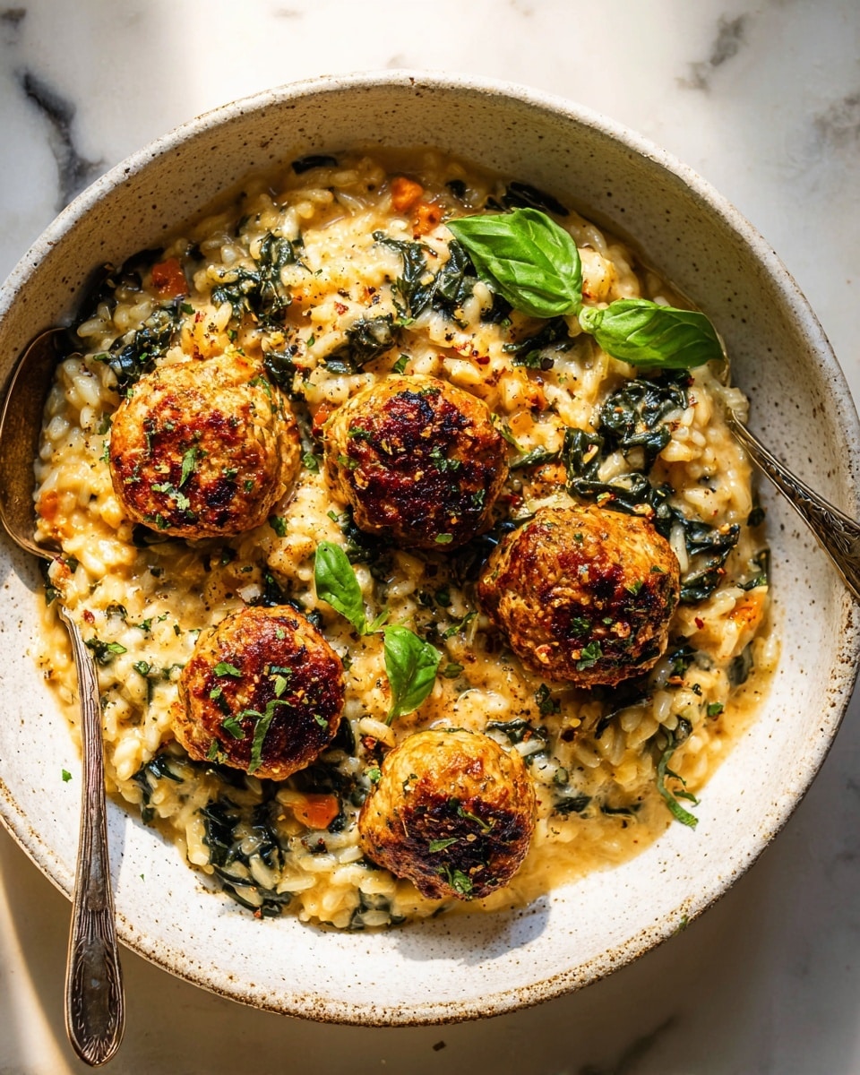 A white speckled round plate holds a creamy textured risotto mixed with green spinach leaves and small pieces of red tomato, spread evenly as the base layer. On top, five browned meatballs, each with a slightly rough and seasoned surface, are arranged with three at the bottom and two on the upper side. Two small fresh green basil leaves garnish the dish, adding a pop of color. A silver fork and spoon rest on the left side of the plate. The background is a white marbled surface with some green leaves on the upper left corner and a clear glass of white wine on the lower right corner. Photo taken with an iphone --ar 4:5 --v 7