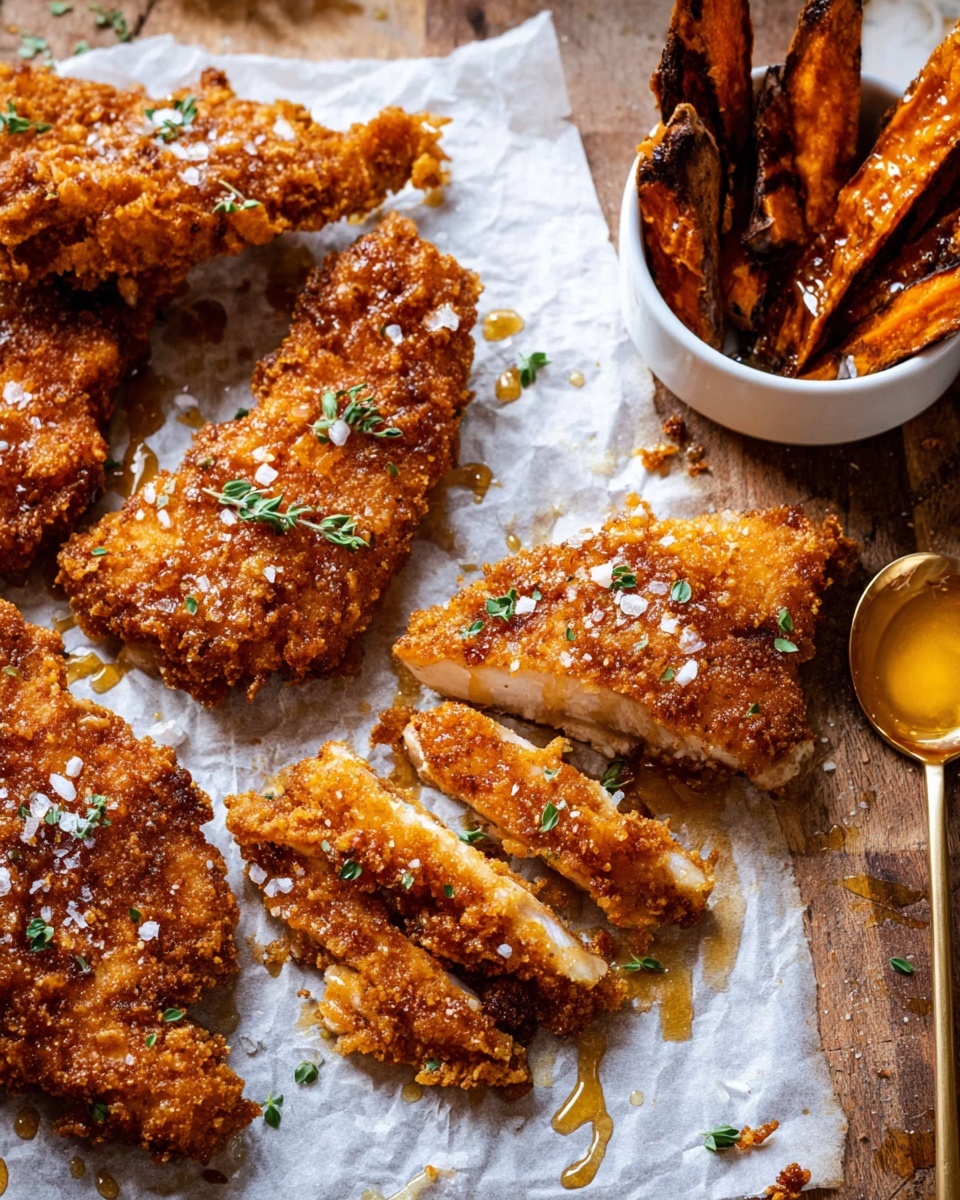 The image shows five pieces of crispy fried chicken on a white marbled surface with a sheet of white parchment paper underneath. The chicken pieces are golden brown with a crunchy, textured coating that looks thick and crunchy. One piece is broken into smaller strips, showing the white meat inside. There are small green herb leaves scattered on top and around the chicken, adding a touch of color. A golden spoon with some honey or syrup sits near the top center, with droplets of the sticky liquid spread around the chicken pieces. In the top left corner, there is a glass jar filled with the amber-colored syrup. Photo taken with an iphone --ar 4:5 --v 7