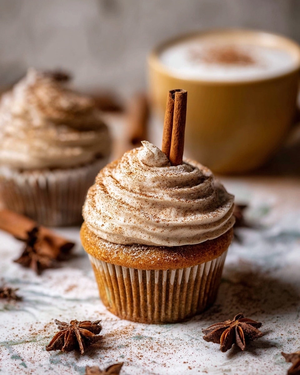 A single cupcake sits in the center with a golden brown base and a thick swirl of light beige frosting on top, sprinkled with fine brown spice powder. A whole cinnamon stick is placed vertically in the frosting, adding height and texture. The background shows a blurred second cupcake with similar frosting and a warm brown cup filled with frothy drink, topped with star anise. The surface underneath is covered lightly with powdered sugar and some star anise pods, set against a white marbled texture. photo taken with an iphone --ar 4:5 --v 7