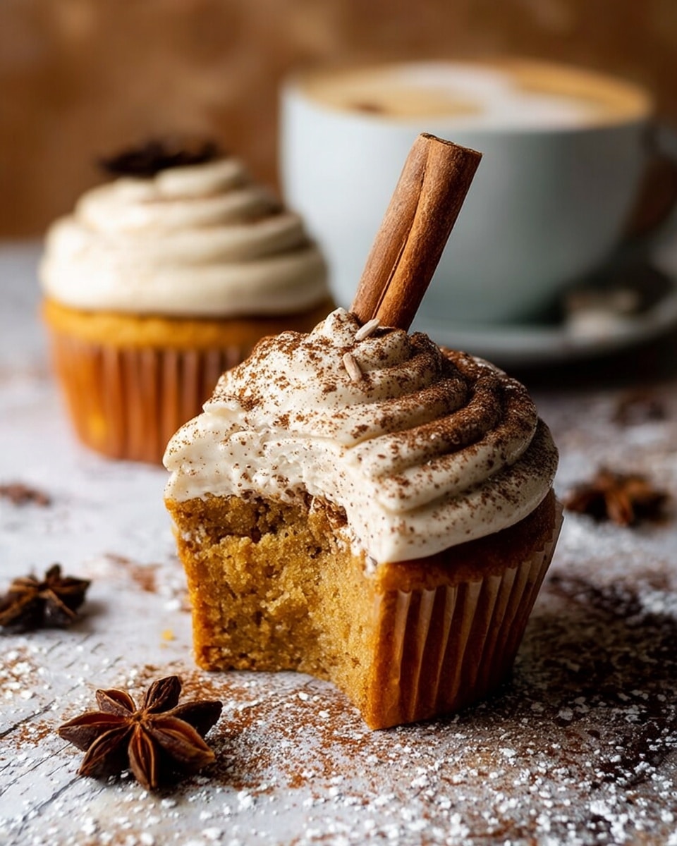 The image shows a close-up of a single cupcake with three layers: the bottom is a soft, moist golden brown cake, the middle is a thick layer of creamy white frosting dusted with light brown cinnamon powder, and the top features a whole cinnamon stick standing upright in the center. The cupcake is on a wooden surface sprinkled with powdered sugar and some star anise nearby. In the background, another cupcake with similar frosting and a cinnamon stick, and a white coffee cup with frothy drink and star anise on top, slightly blurred, add a warm, cozy feel. The surface is changed to white marbled texture. photo taken with an iphone --ar 4:5 --v 7
