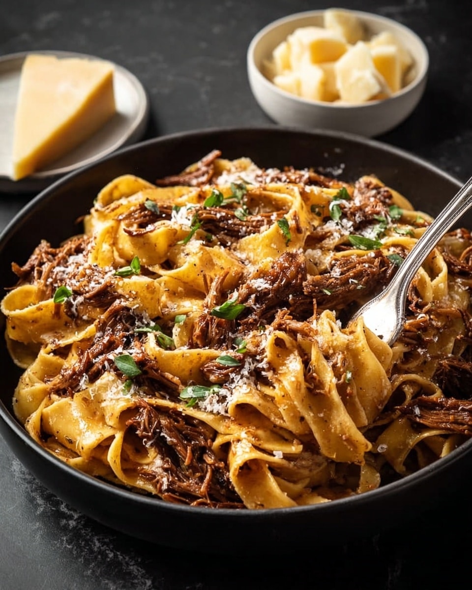 A close-up view of a black pan filled with wide, flat yellow pasta noodles mixed with tender chunks of dark brown shredded meat. The dish is garnished with small pieces of chopped green herbs scattered evenly on top. The pasta and meat are coated in a glossy brown sauce that adds shine and richness. A silver fork is twirling some pasta and meat from the pan, showing the texture of the noodles and meat clearly. The pan rests on a white marbled surface. photo taken with an iphone --ar 4:5 --v 7